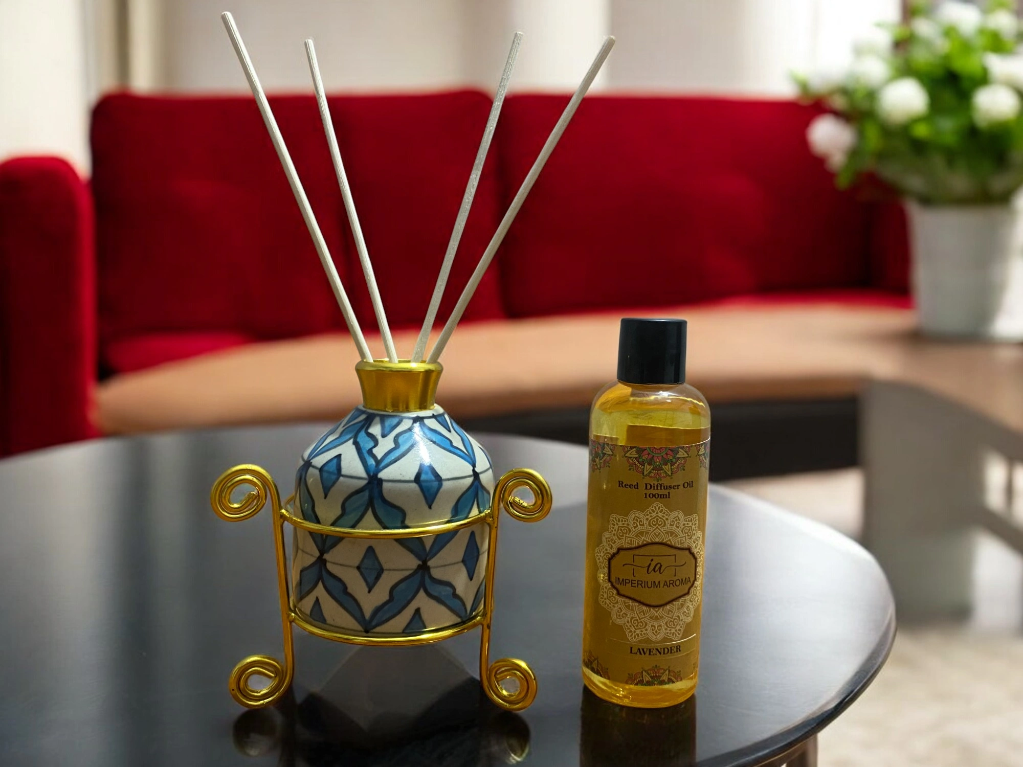 Imperium Lavender Reed Diffuser Set (Ceramic with Golden Brass Neck)