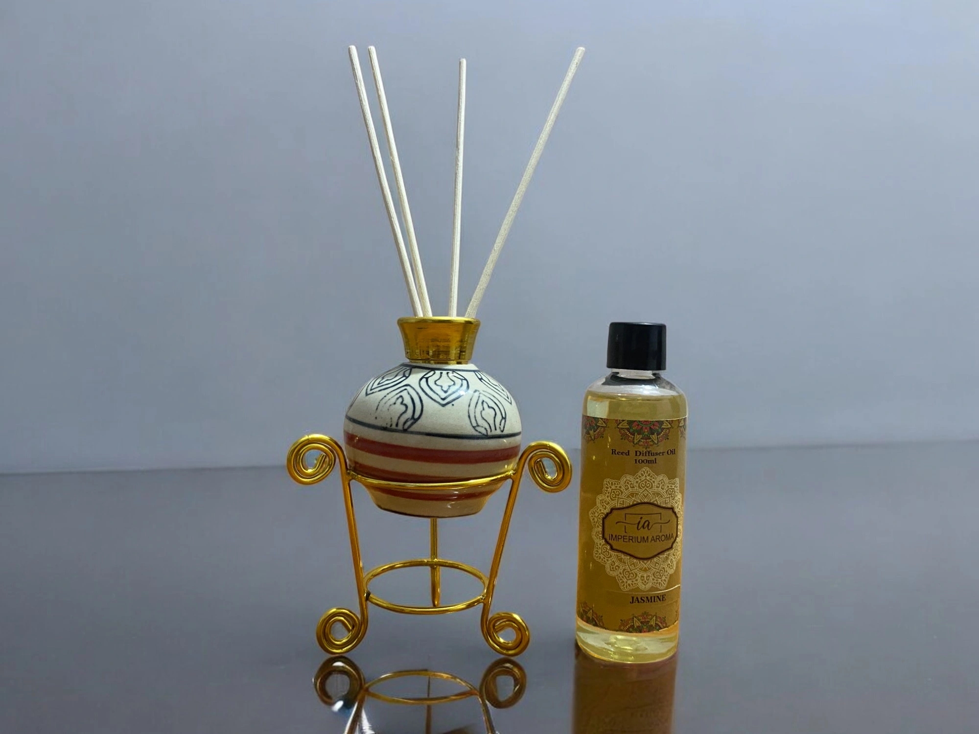 Imperium Jasmine Reed Diffuser Set (Ceramic with Golden Brass Neck)