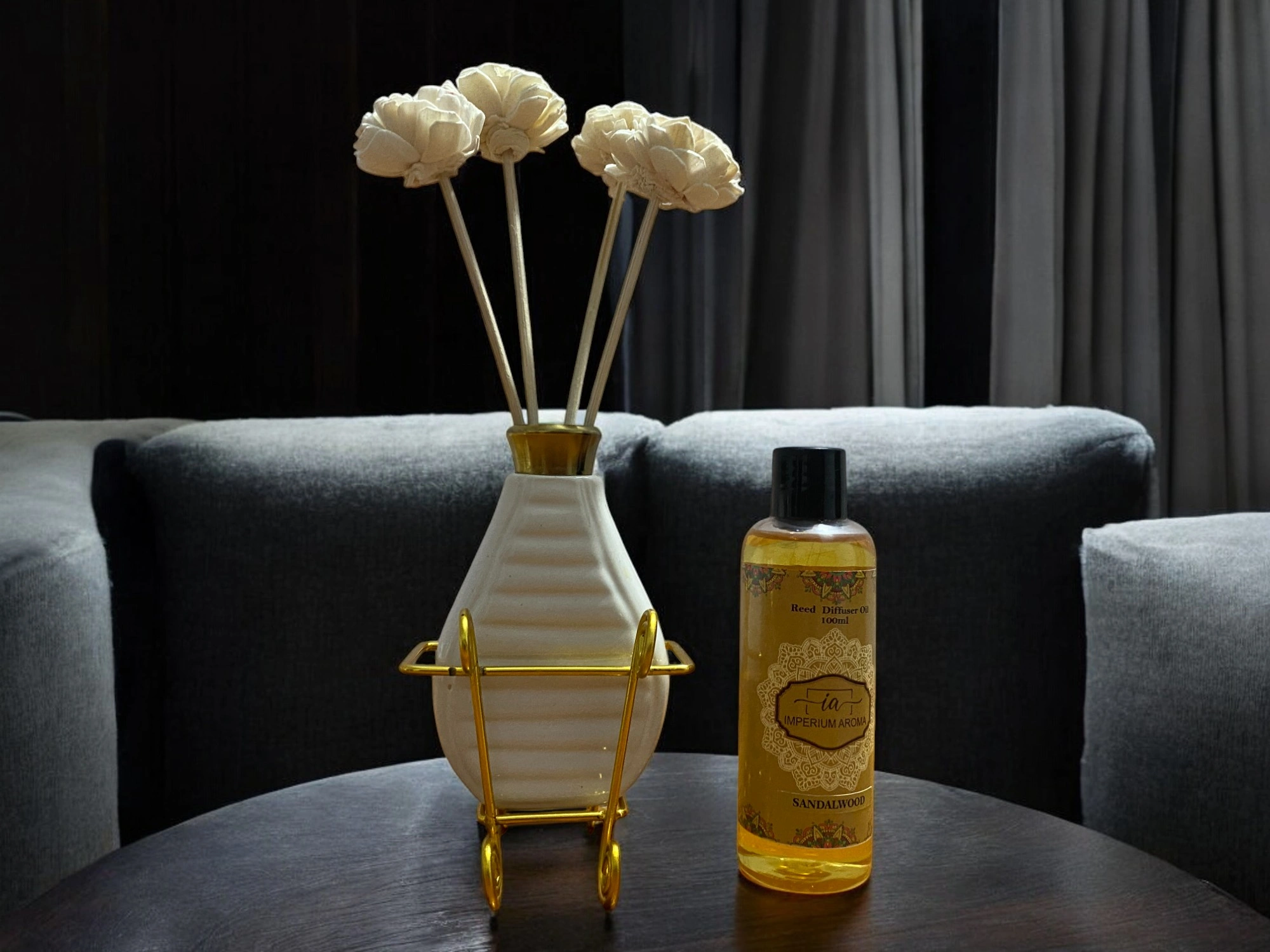 Imperium Sandalwood Reed Diffuser Set (Ceramic with Golden Brass Neck)