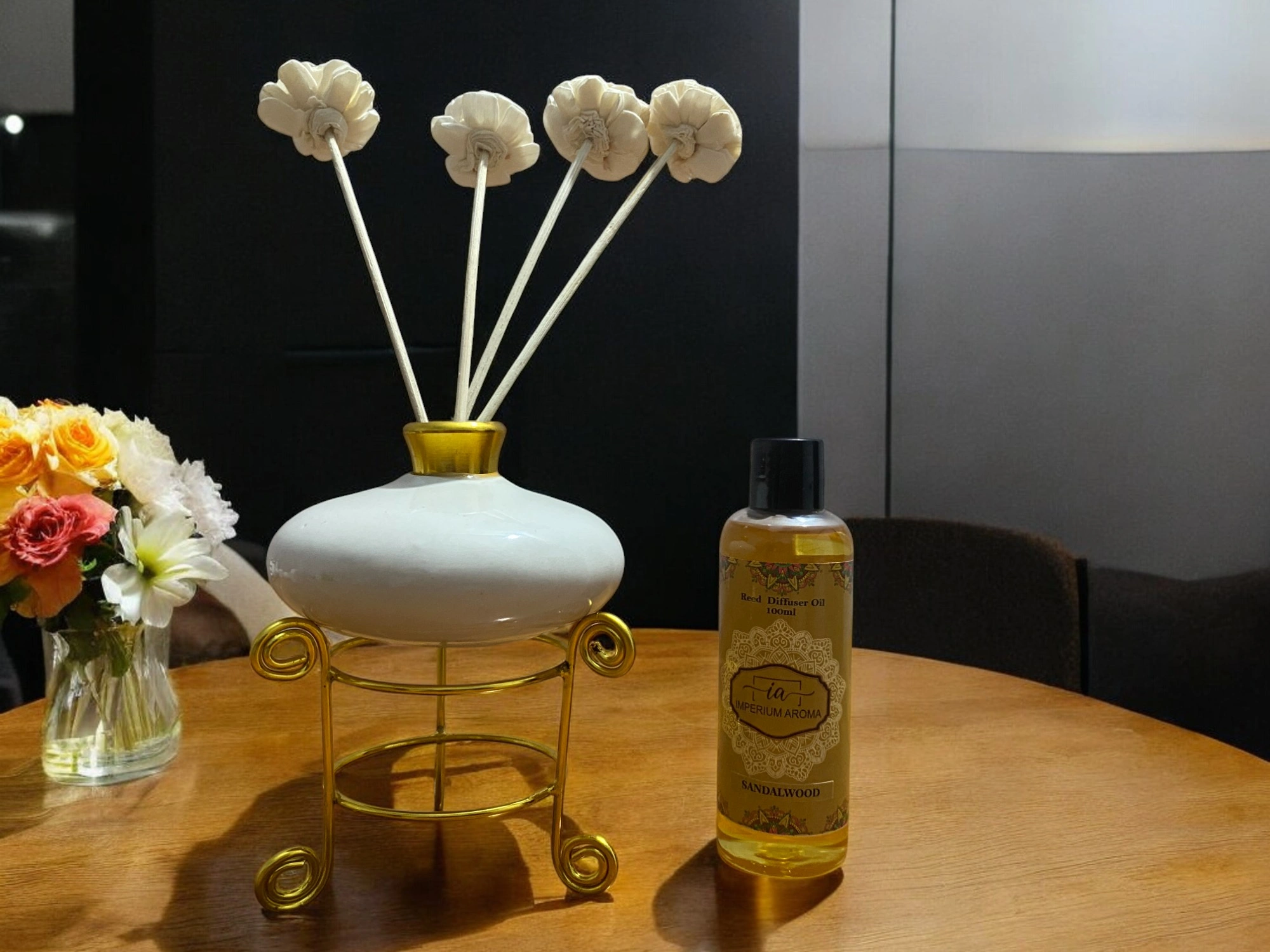 Imperium Sandalwood Reed Diffuser Set (Ceramic with Golden Brass Neck)