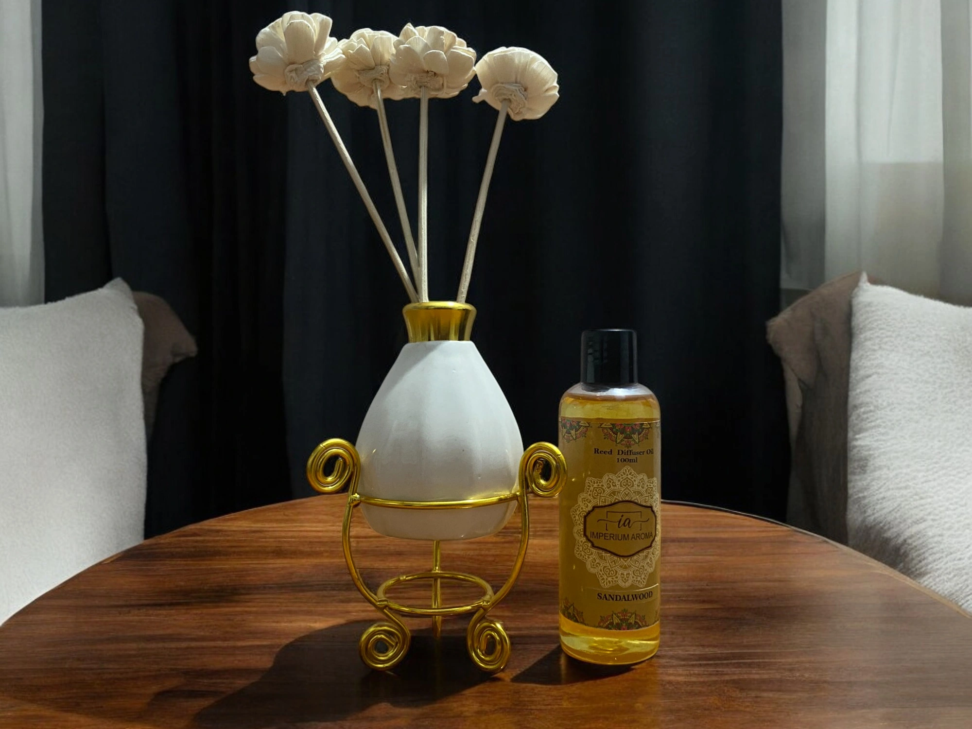 Imperium Sandalwood Reed Diffuser Set (Ceramic with Golden Brass Neck)