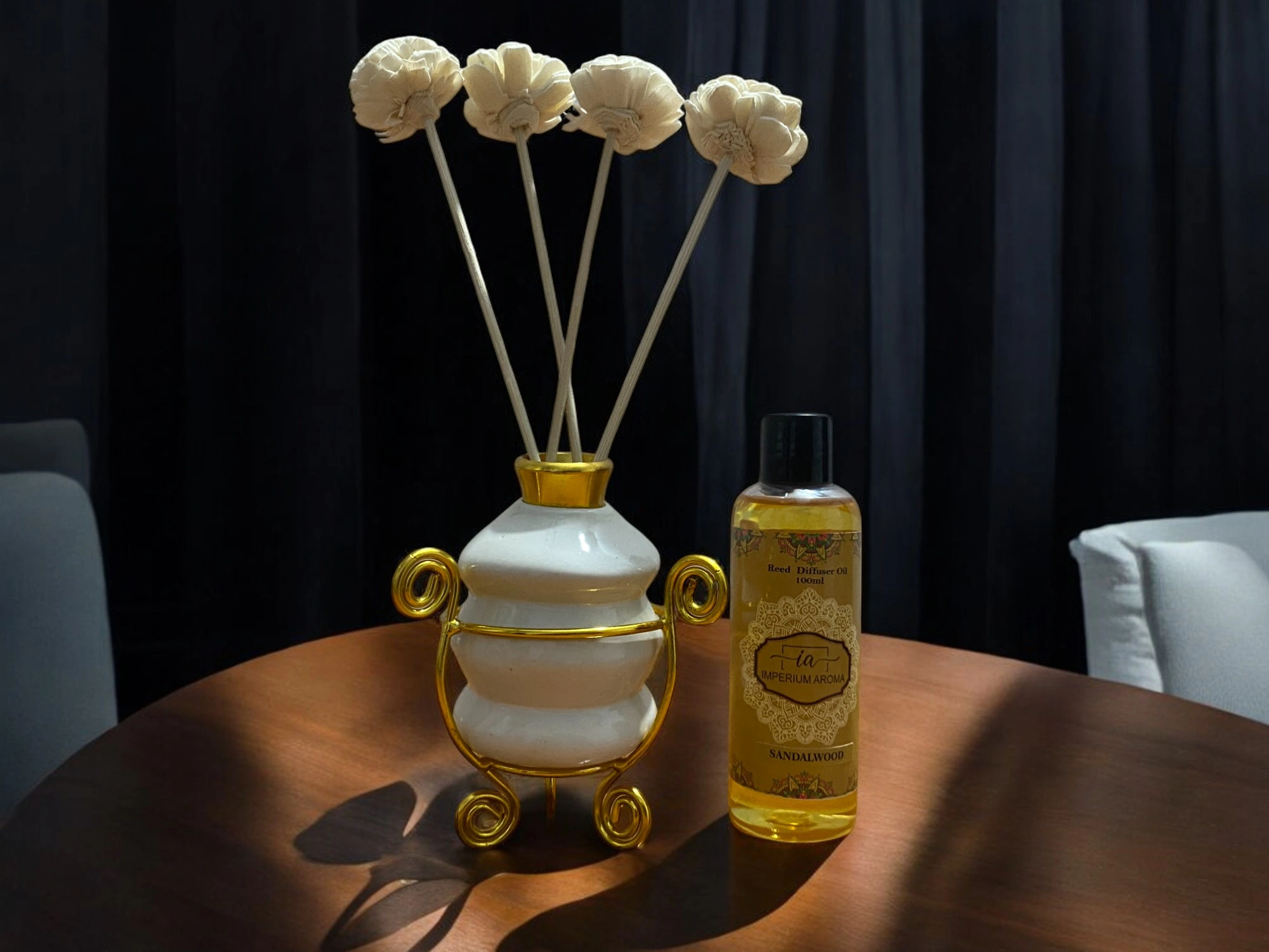 Imperium Sandalwood Reed Diffuser Set (Ceramic with Golden Brass Neck)