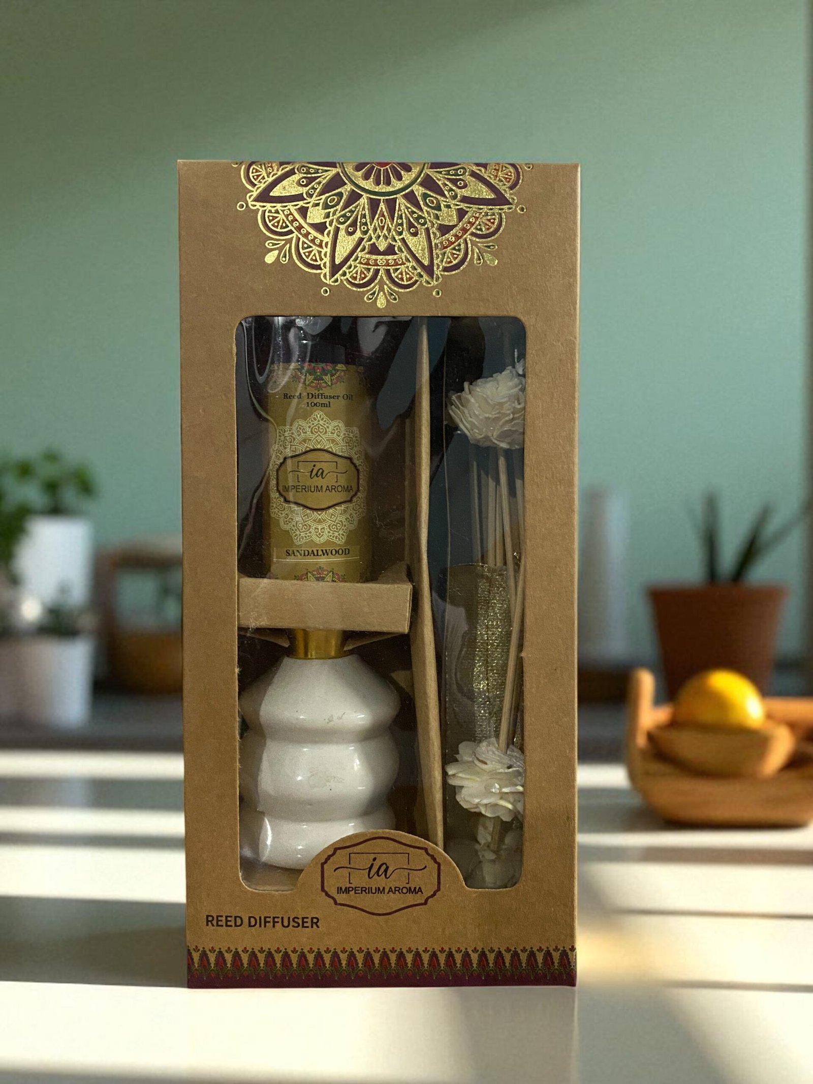 Imperium Sandalwood Reed Diffuser Set (Ceramic with Golden Brass Neck) - Image 2