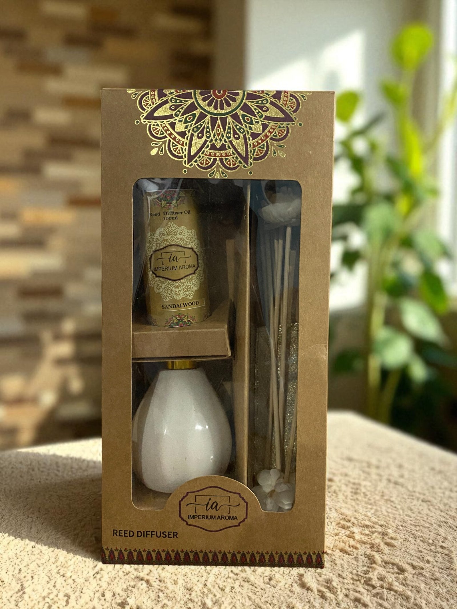 Imperium Sandalwood Reed Diffuser Set (Ceramic with Golden Brass Neck) - Image 3