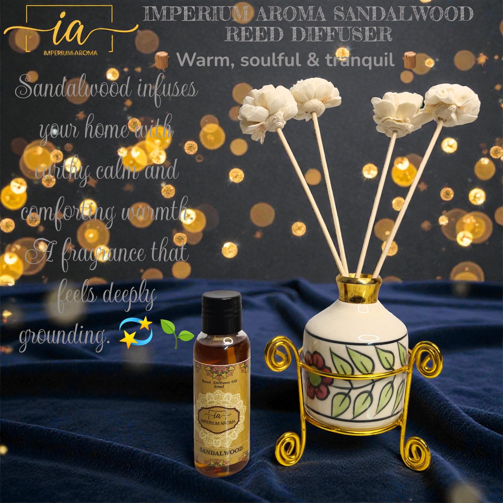 Imperium Aroma Sandalwood Reed Diffuser Gift Set (Ceramic Pot with Golden Brass Neck) - Image 2
