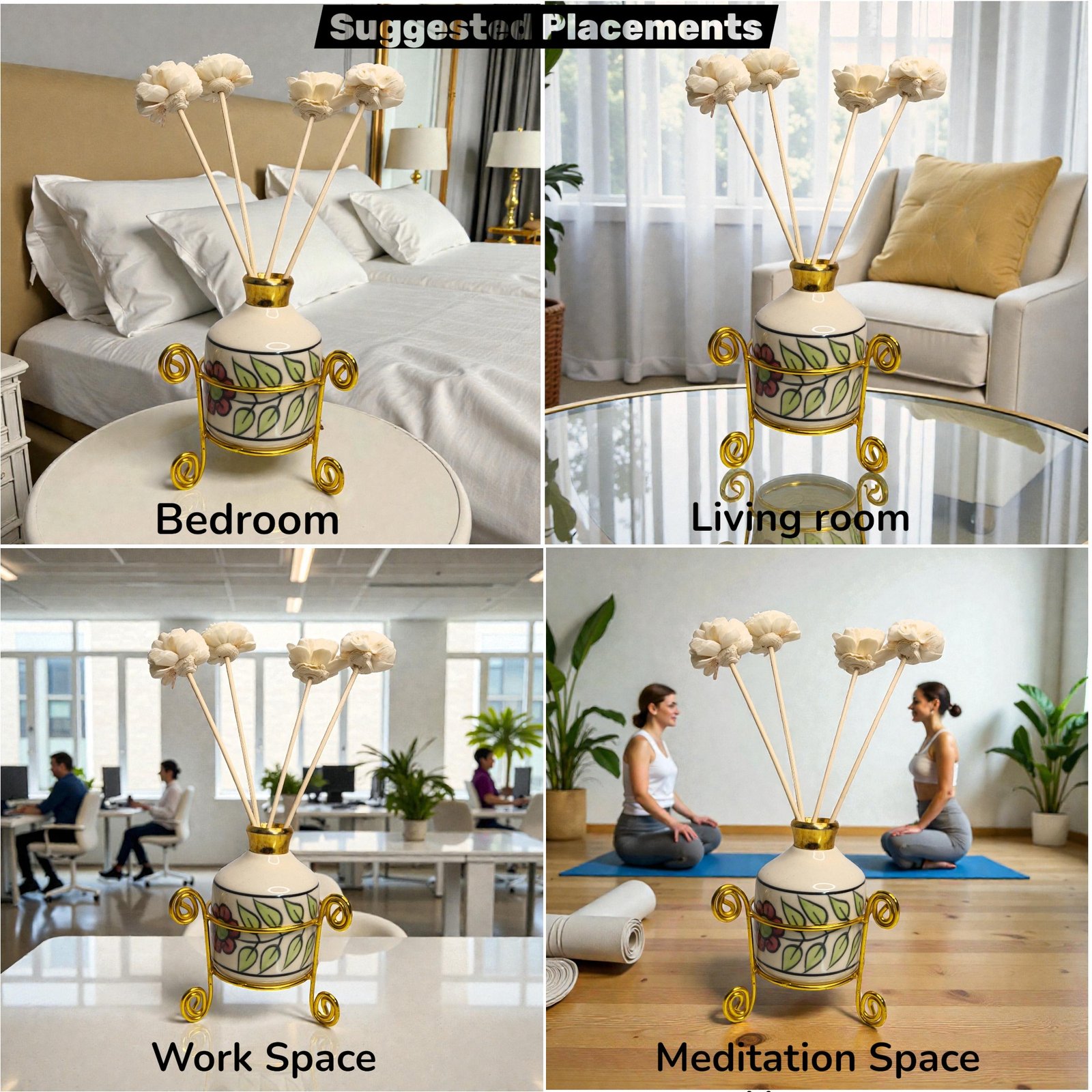 Imperium Aroma Sandalwood Reed Diffuser Gift Set (Ceramic Pot with Golden Brass Neck) - Image 3