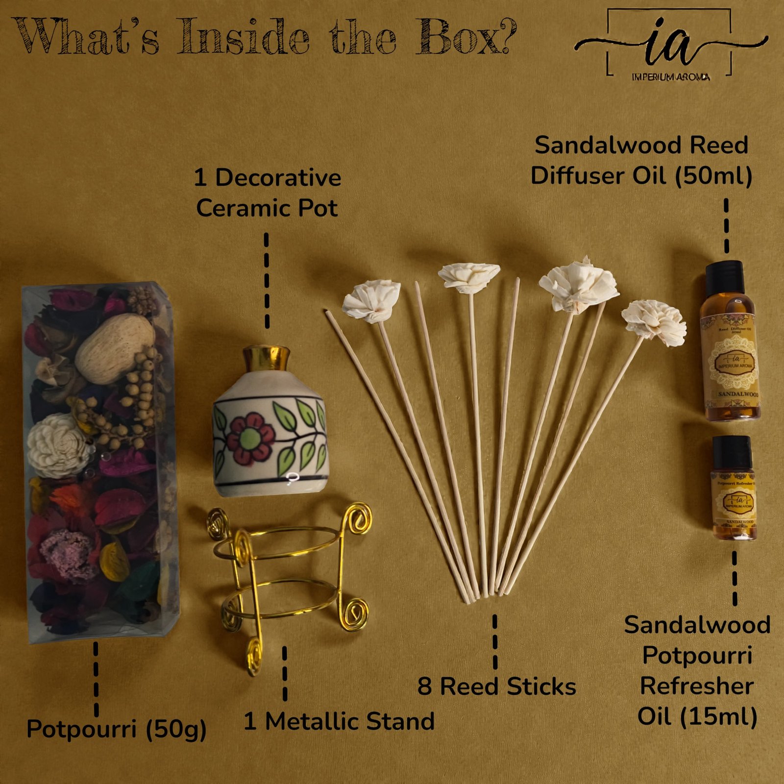 Imperium Aroma Sandalwood Reed Diffuser Gift Set (Ceramic Pot with Golden Brass Neck) - Image 4
