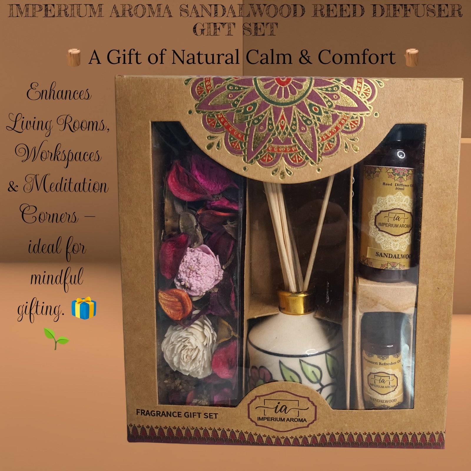 Imperium Aroma Sandalwood Reed Diffuser Gift Set (Ceramic Pot with Golden Brass Neck) - Image 5