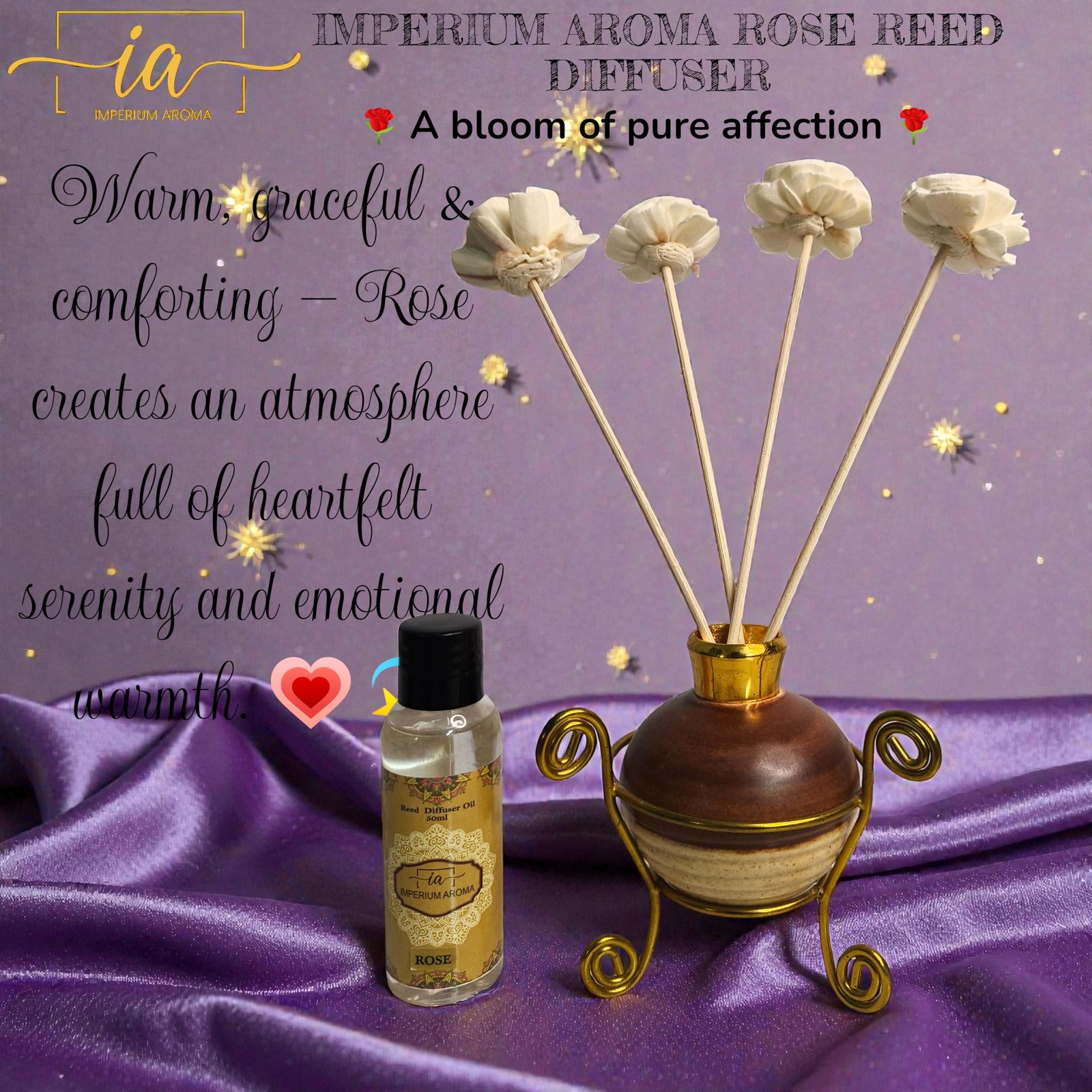 Imperium Aroma Rose Reed Diffuser Gift Set (Ceramic Pot with Golden Brass Neck) - Image 2