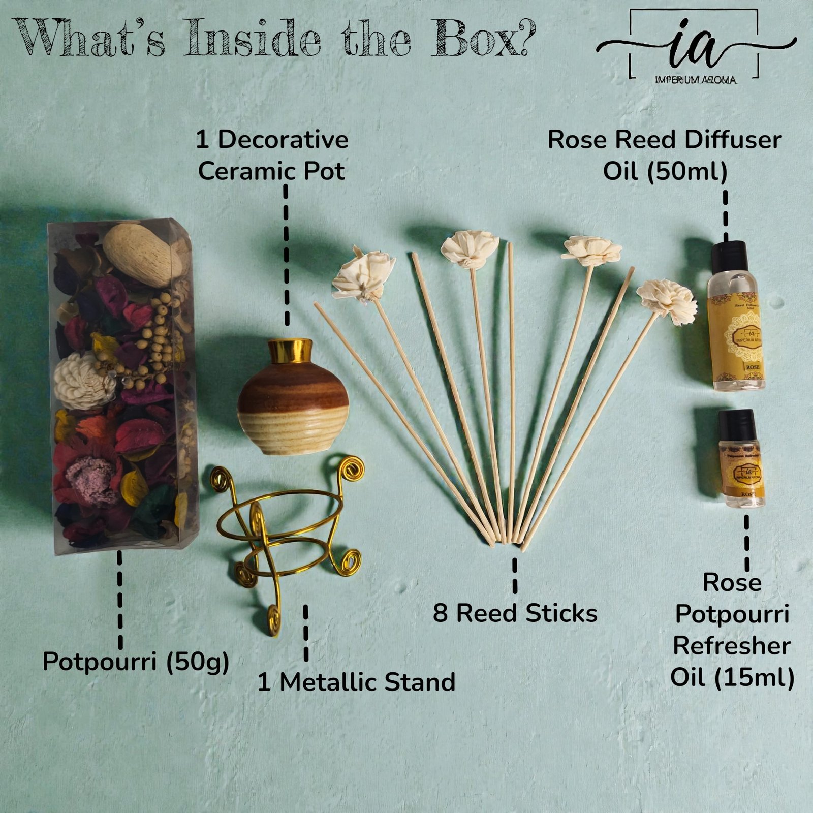 Imperium Aroma Rose Reed Diffuser Gift Set (Ceramic Pot with Golden Brass Neck) - Image 3
