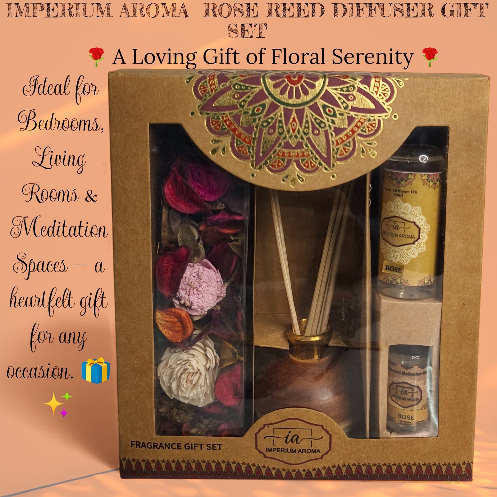 Imperium Aroma Rose Reed Diffuser Gift Set (Ceramic Pot with Golden Brass Neck) - Image 5
