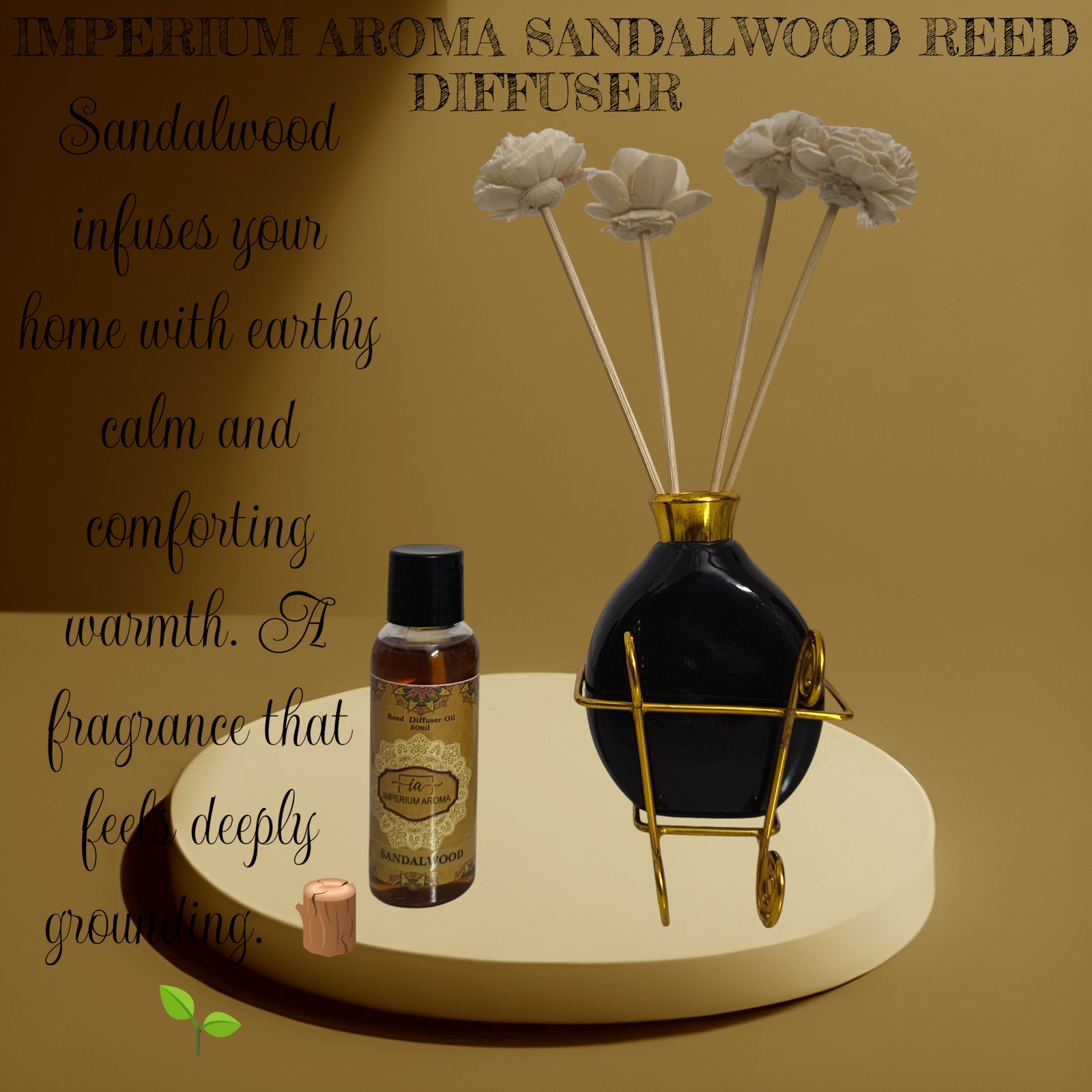 Imperium Aroma Sandalwood Reed Diffuser Gift Set (Ceramic Pot with Golden Brass Neck) - Image 2