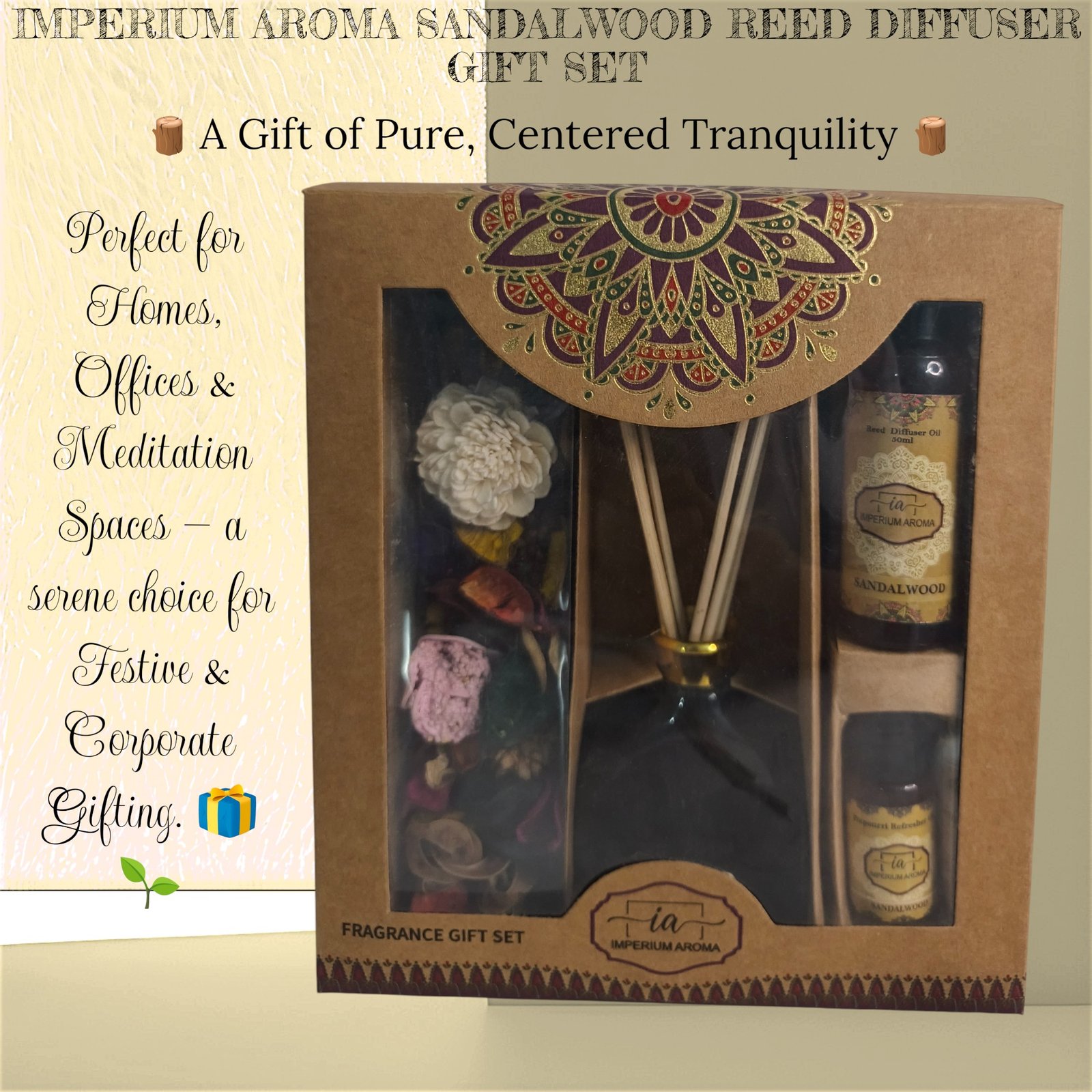 Imperium Aroma Sandalwood Reed Diffuser Gift Set (Ceramic Pot with Golden Brass Neck) - Image 6