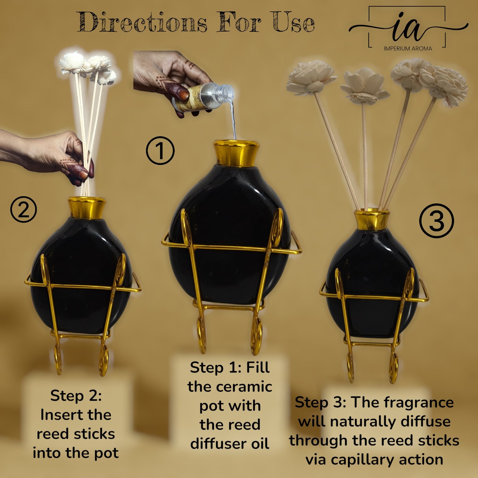 Imperium Aroma Sandalwood Reed Diffuser Gift Set (Ceramic Pot with Golden Brass Neck) - Image 4