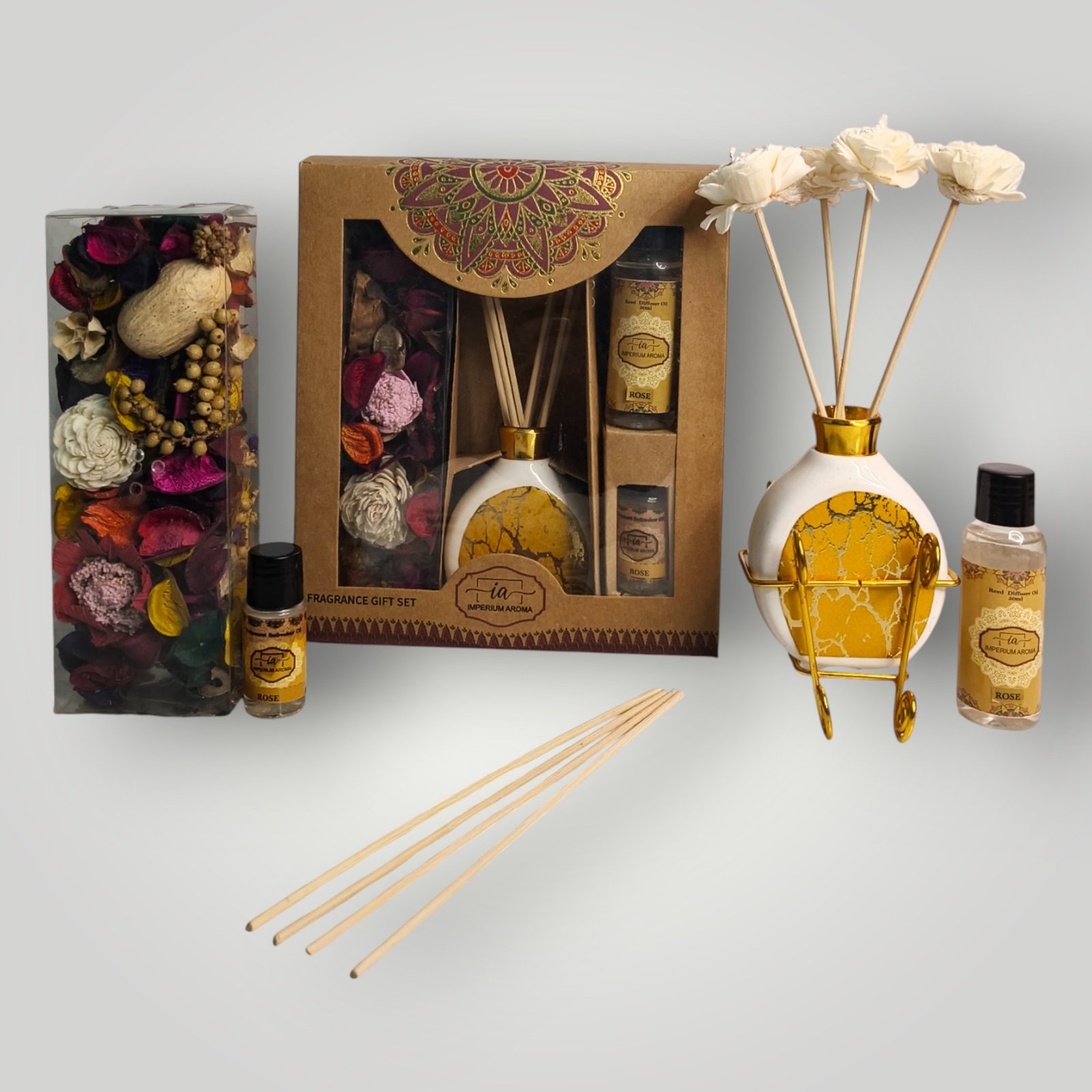 Imperium Aroma Rose Reed Diffuser Gift Set (Ceramic Pot with Golden Brass Neck) (Copy) (Copy)