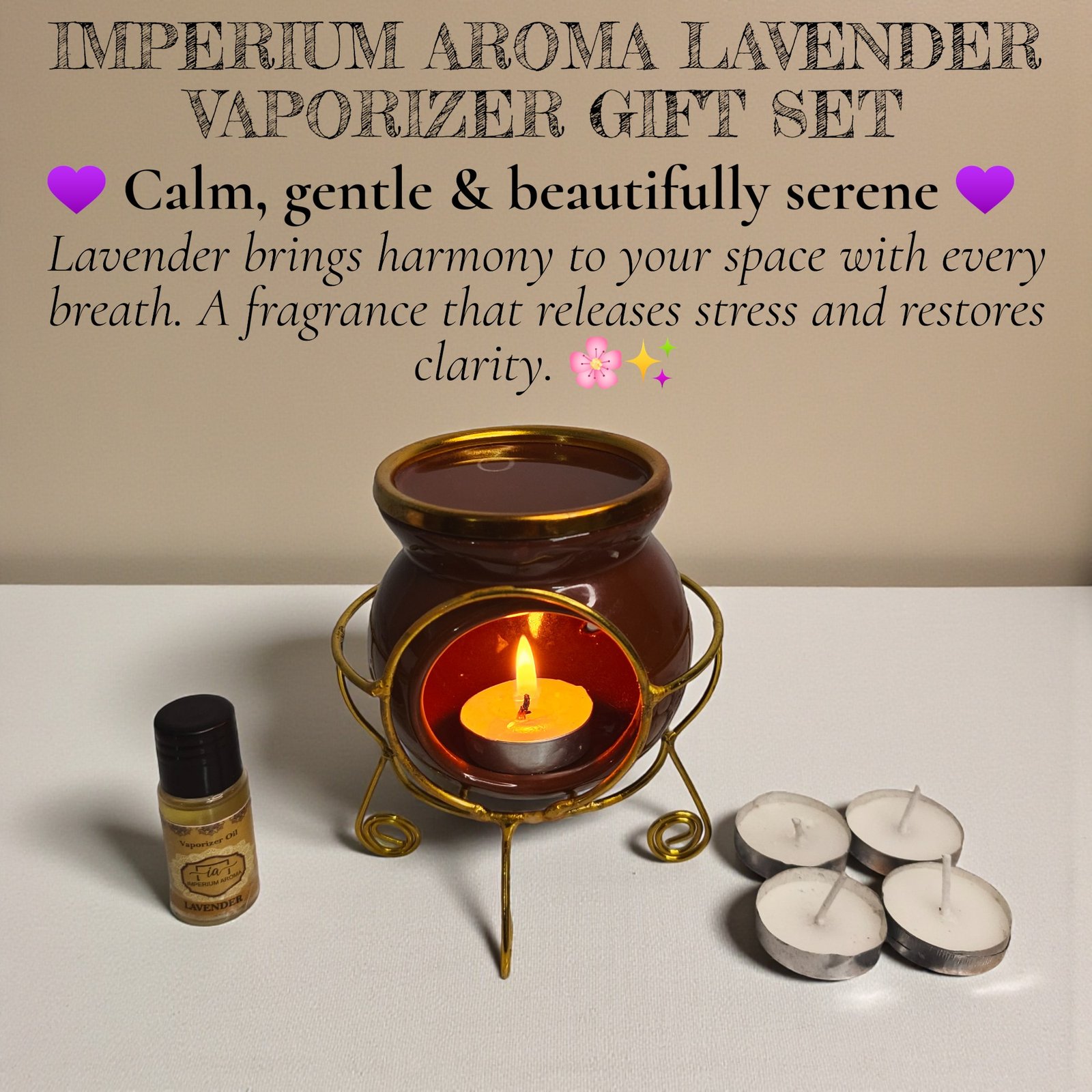 Imperium Aroma Lavender Tealight Diffuser (Ceramic Pot with Golden Brass Neck)