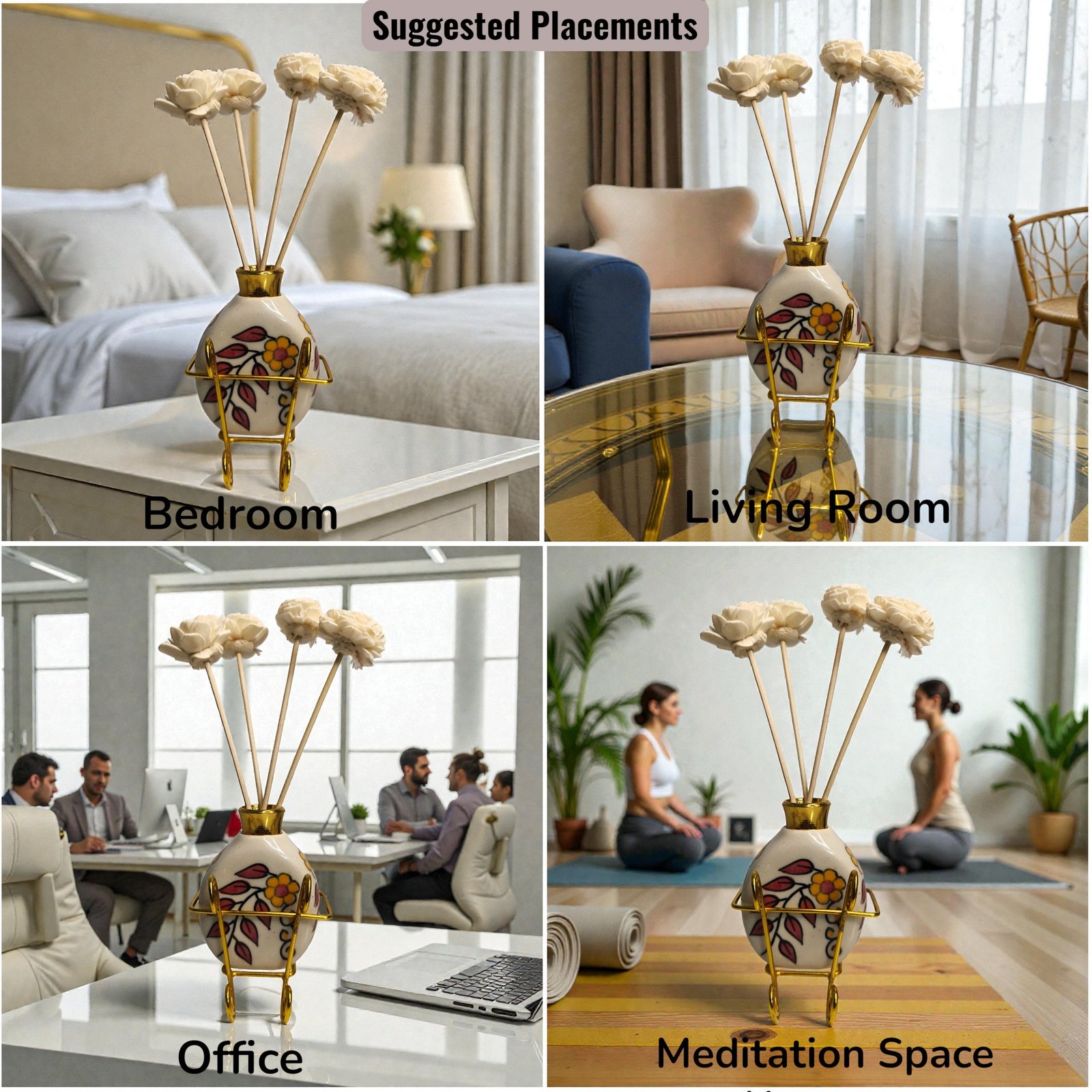 Imperium Aroma Jasmine Reed Diffuser Set (Ceramic Pot with Golden Brass Neck) - Image 2