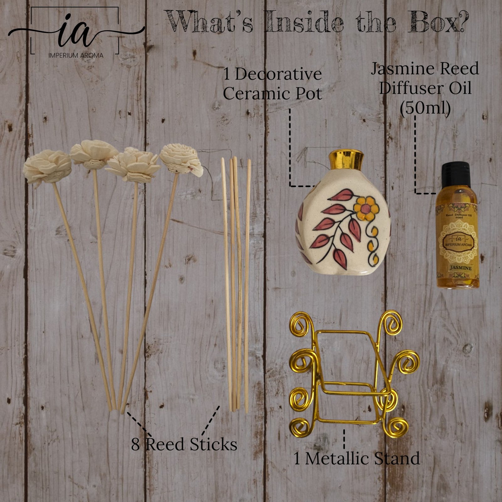 Imperium Aroma Jasmine Reed Diffuser Set (Ceramic Pot with Golden Brass Neck) - Image 3