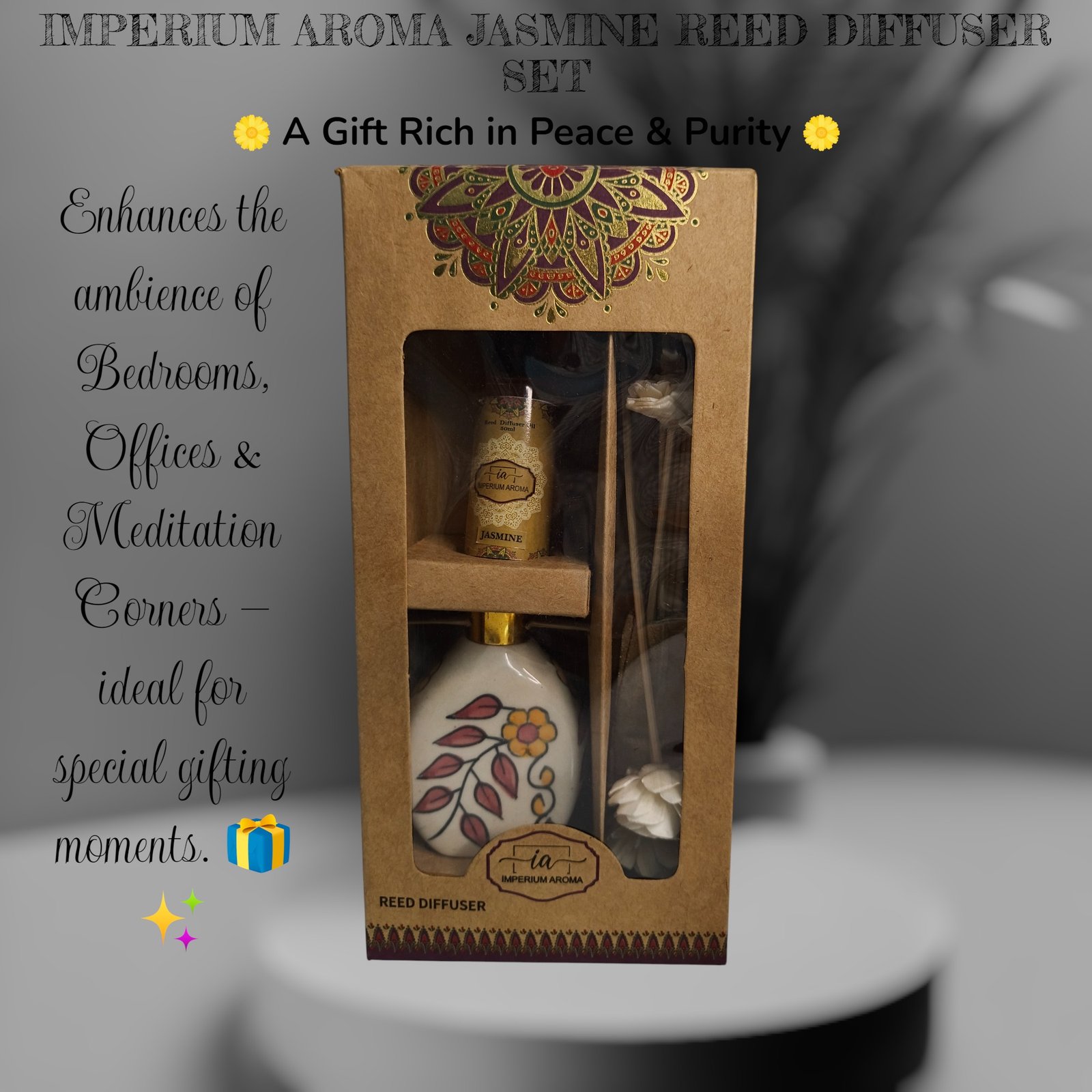 Imperium Aroma Jasmine Reed Diffuser Set (Ceramic Pot with Golden Brass Neck) - Image 4
