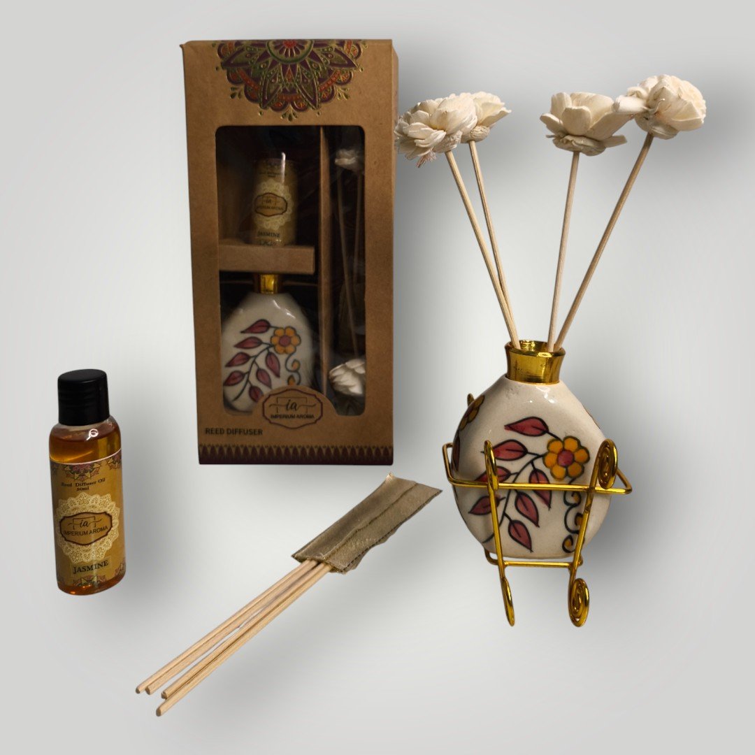 Imperium Aroma Jasmine Reed Diffuser Set (Ceramic Pot with Golden Brass Neck) - Image 5