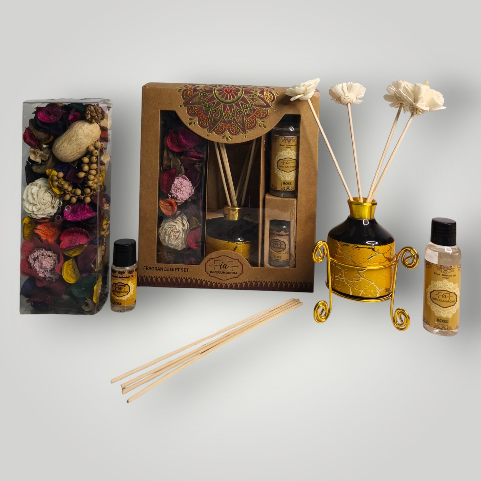 Imperium Aroma Rose Reed Diffuser Gift Set (Ceramic Pot with Golden Brass Neck) (Copy)