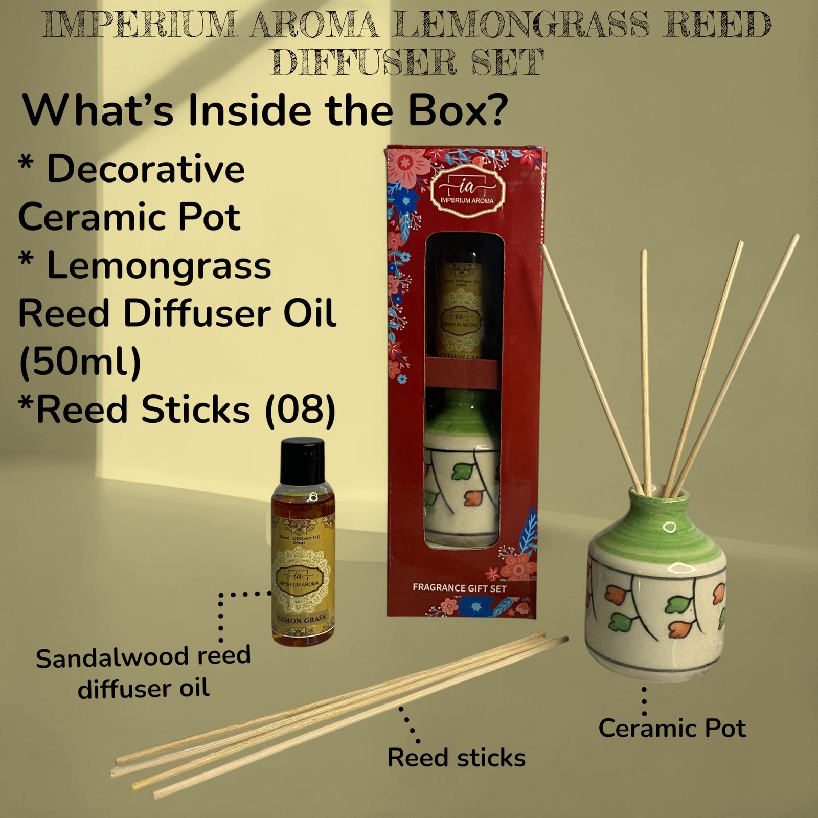 Imperium Aroma Lemongrass Reed Diffuser Set (Hand Painted) - Image 3