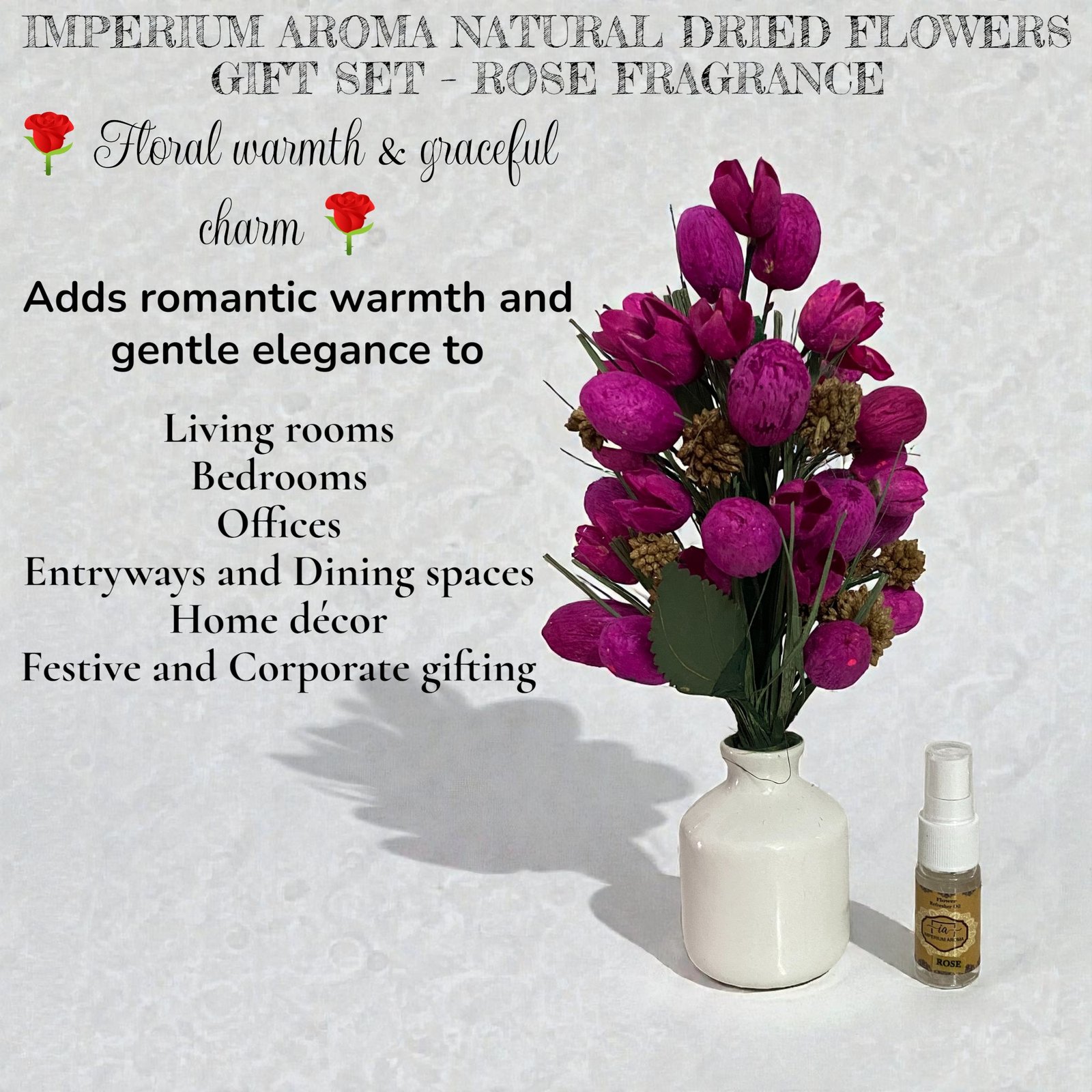 Imperium Aroma Handmade Natural Dried Flower Bouquet with Vase & 15 ml Rose Fragrance Spray - Image 2