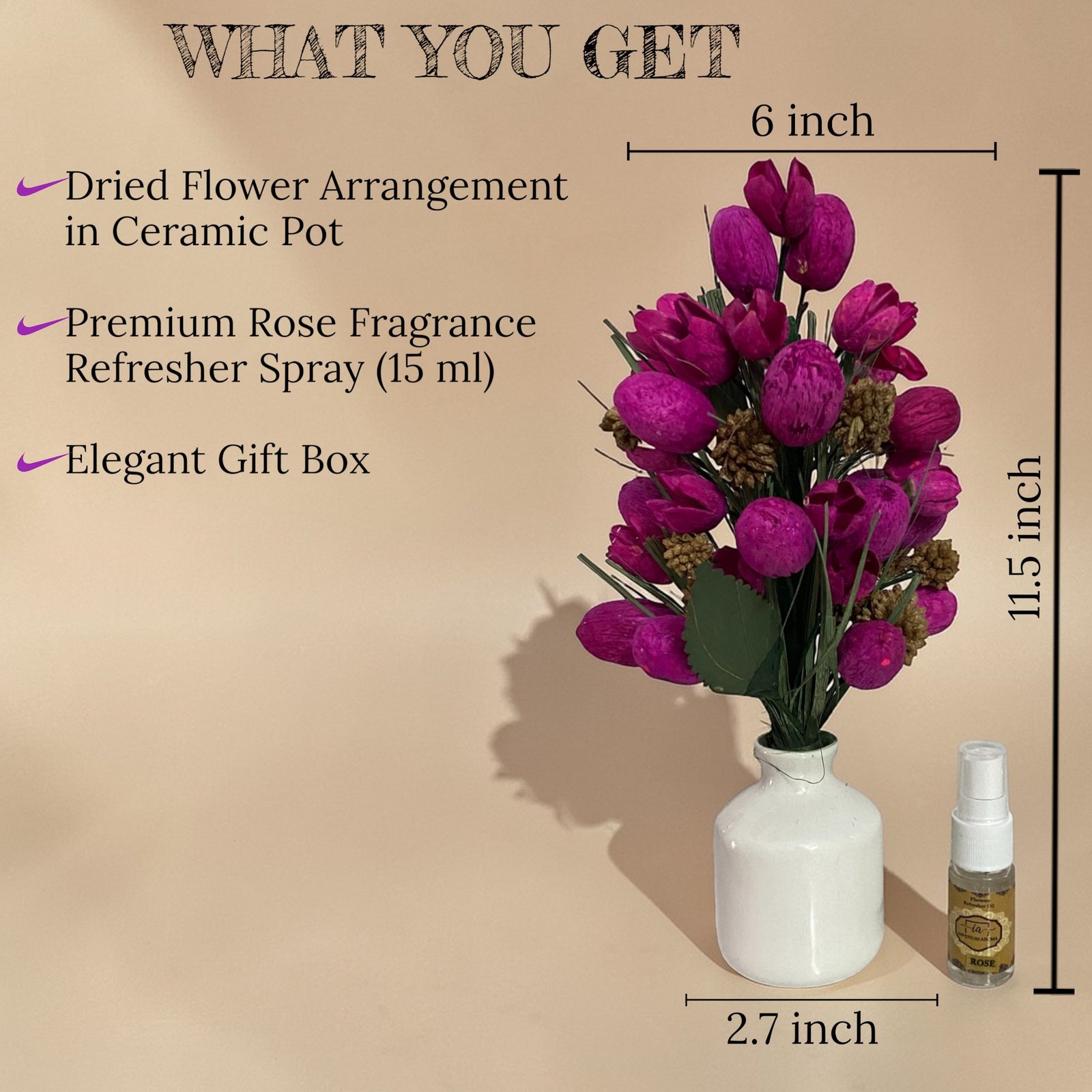 Imperium Aroma Handmade Natural Dried Flower Bouquet with Vase & 15 ml Rose Fragrance Spray - Image 3