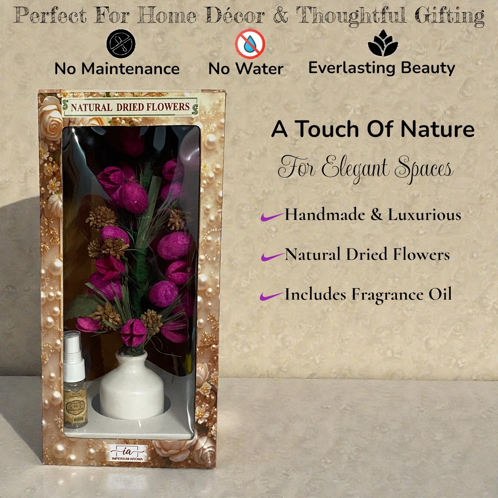 Imperium Aroma Handmade Natural Dried Flower Bouquet with Vase & 15 ml Rose Fragrance Spray - Image 6