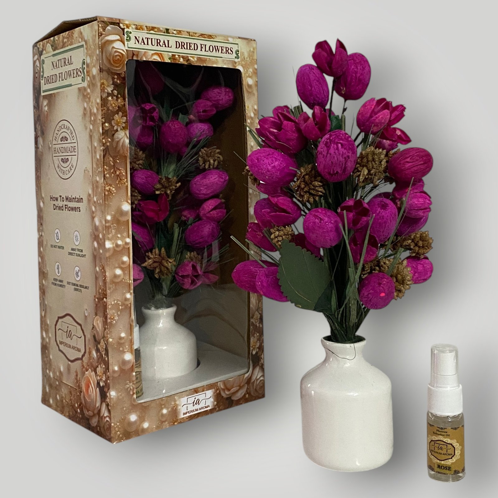 Imperium Aroma Handmade Natural Dried Flower Bouquet with Vase & 15 ml Rose Fragrance Spray