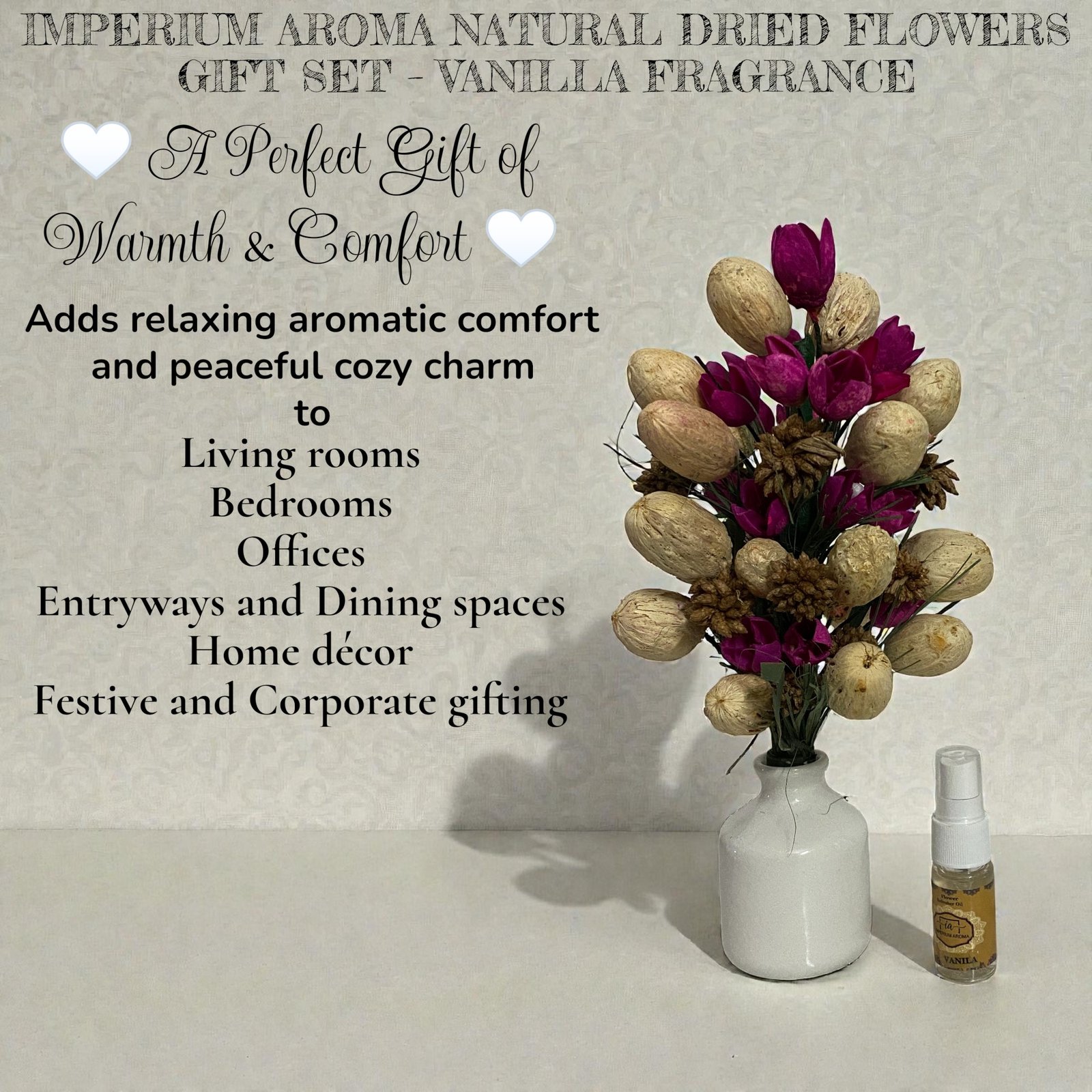 Imperium Aroma Handmade Natural Dried Flower Bouquet with Vase & 15 ml Vanilla Fragrance Spray - Image 3
