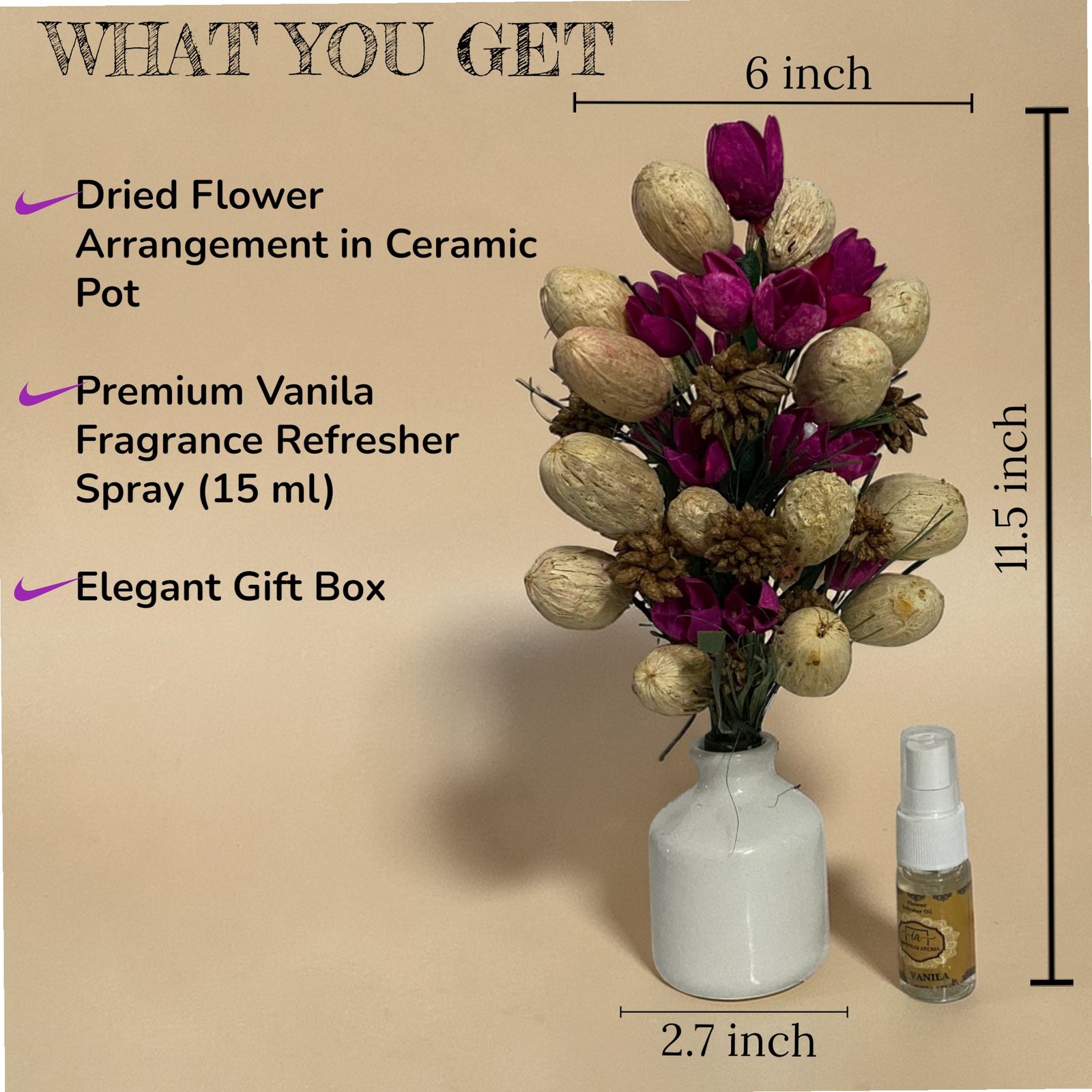 Imperium Aroma Handmade Natural Dried Flower Bouquet with Vase & 15 ml Vanilla Fragrance Spray - Image 2