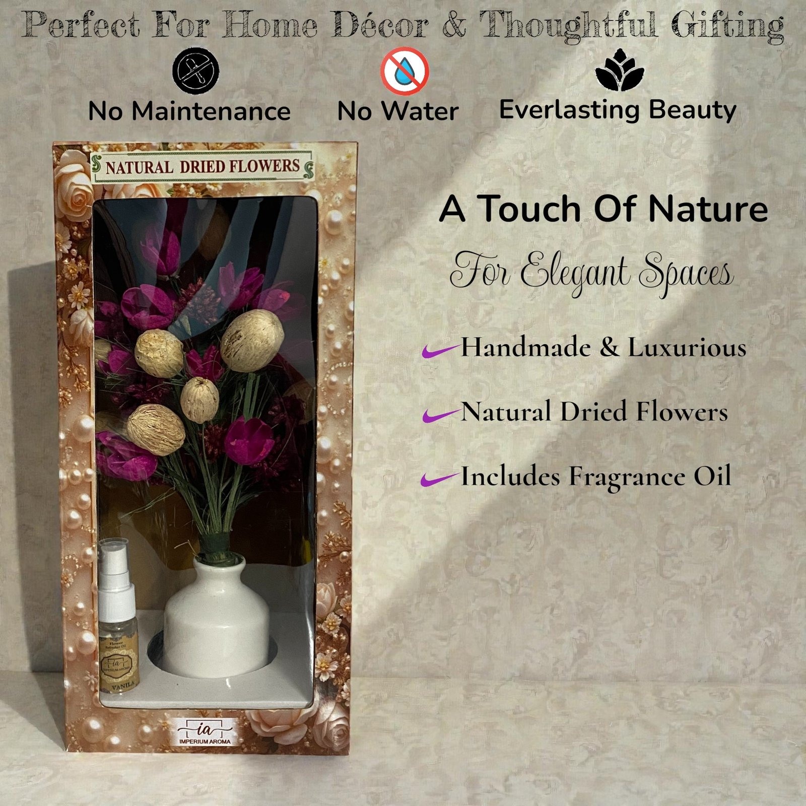 Imperium Aroma Handmade Natural Dried Flower Bouquet with Vase & 15 ml Vanilla Fragrance Spray - Image 6