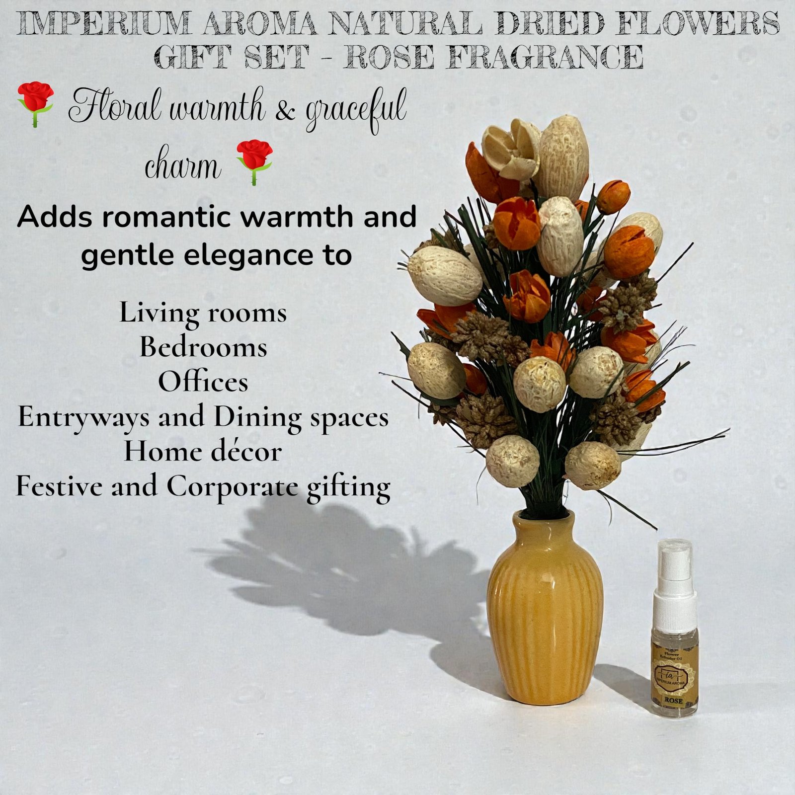 Imperium Aroma Handmade Natural Dried Flower Bouquet with Vase & 15 ml Rose Fragrance Spray - Image 2
