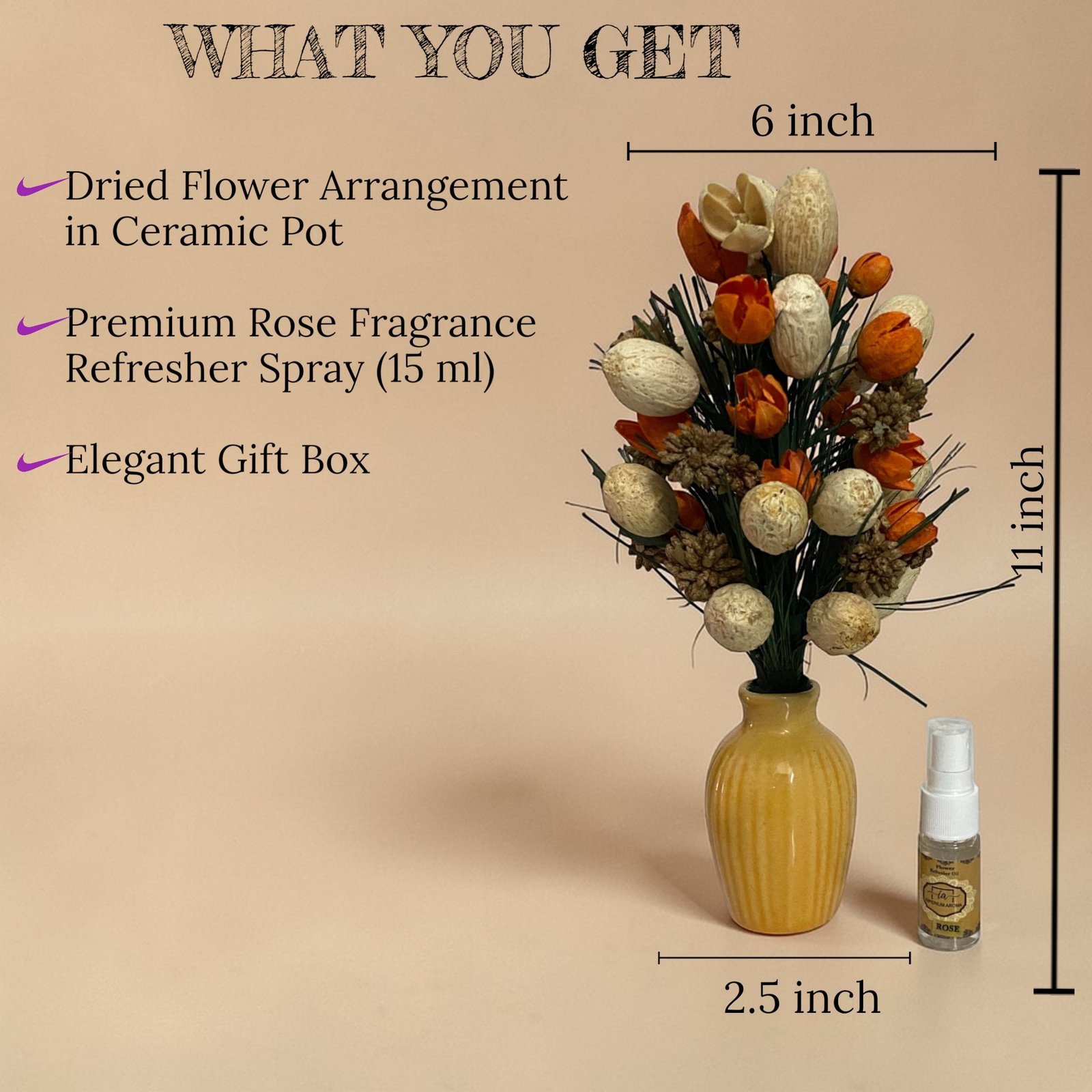 Imperium Aroma Handmade Natural Dried Flower Bouquet with Vase & 15 ml Rose Fragrance Spray - Image 3