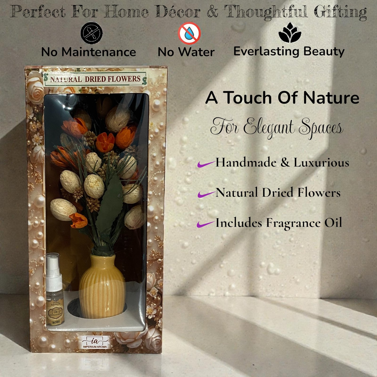 Imperium Aroma Handmade Natural Dried Flower Bouquet with Vase & 15 ml Rose Fragrance Spray - Image 6