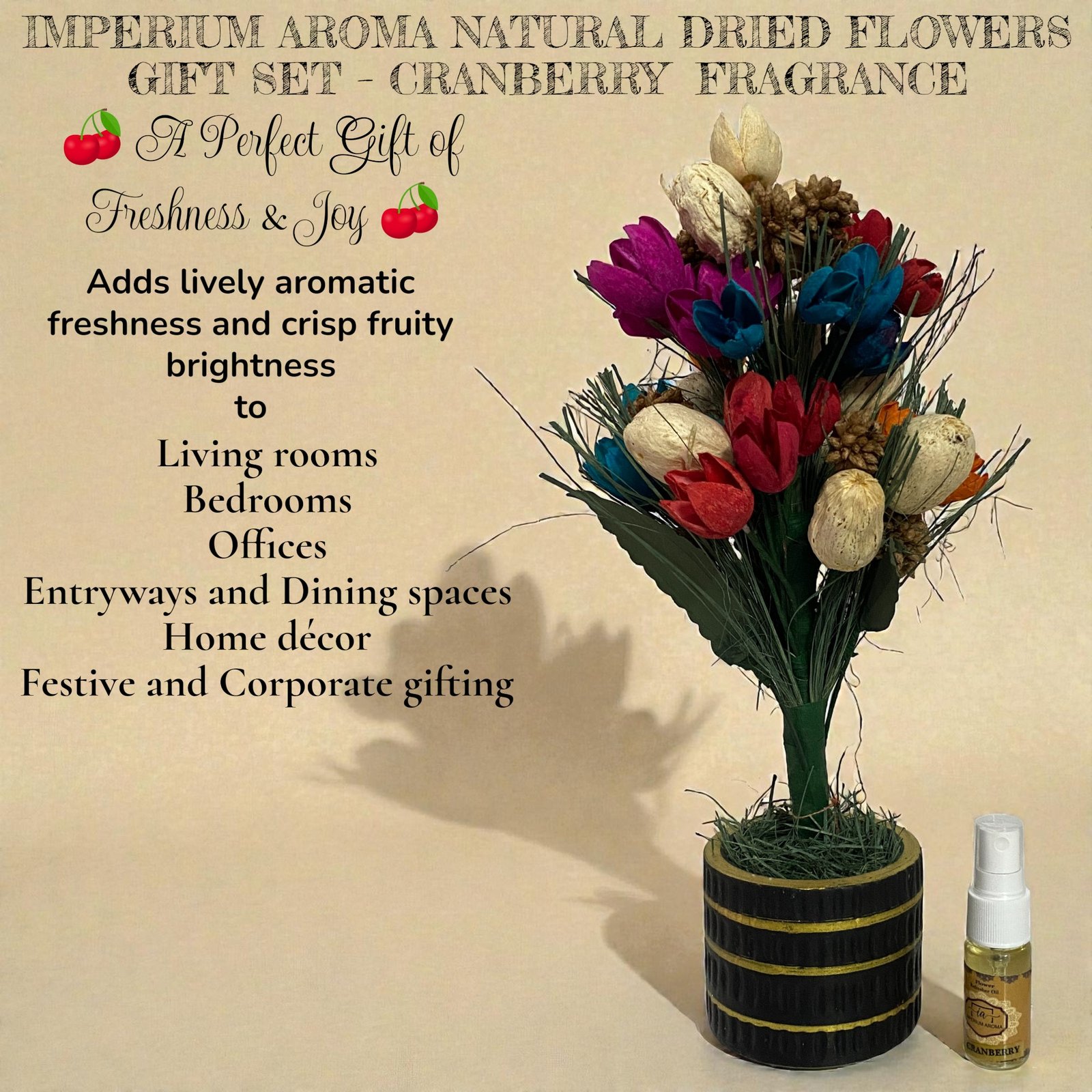 Imperium Aroma Handmade Natural Dried Flower Bouquet with Vase & 15 ml Cranberry Fragrance Spray - Image 2