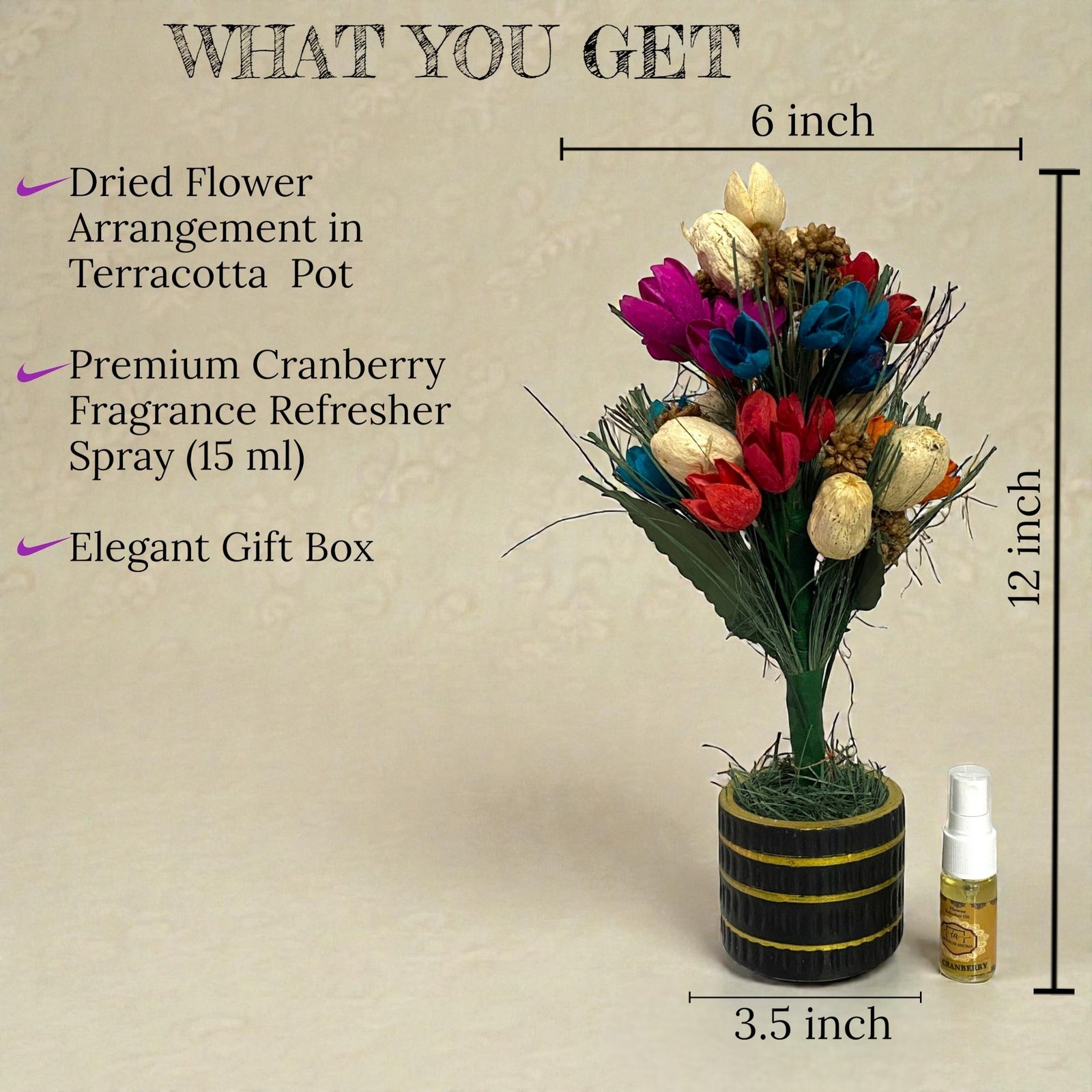 Imperium Aroma Handmade Natural Dried Flower Bouquet with Vase & 15 ml Cranberry Fragrance Spray - Image 3