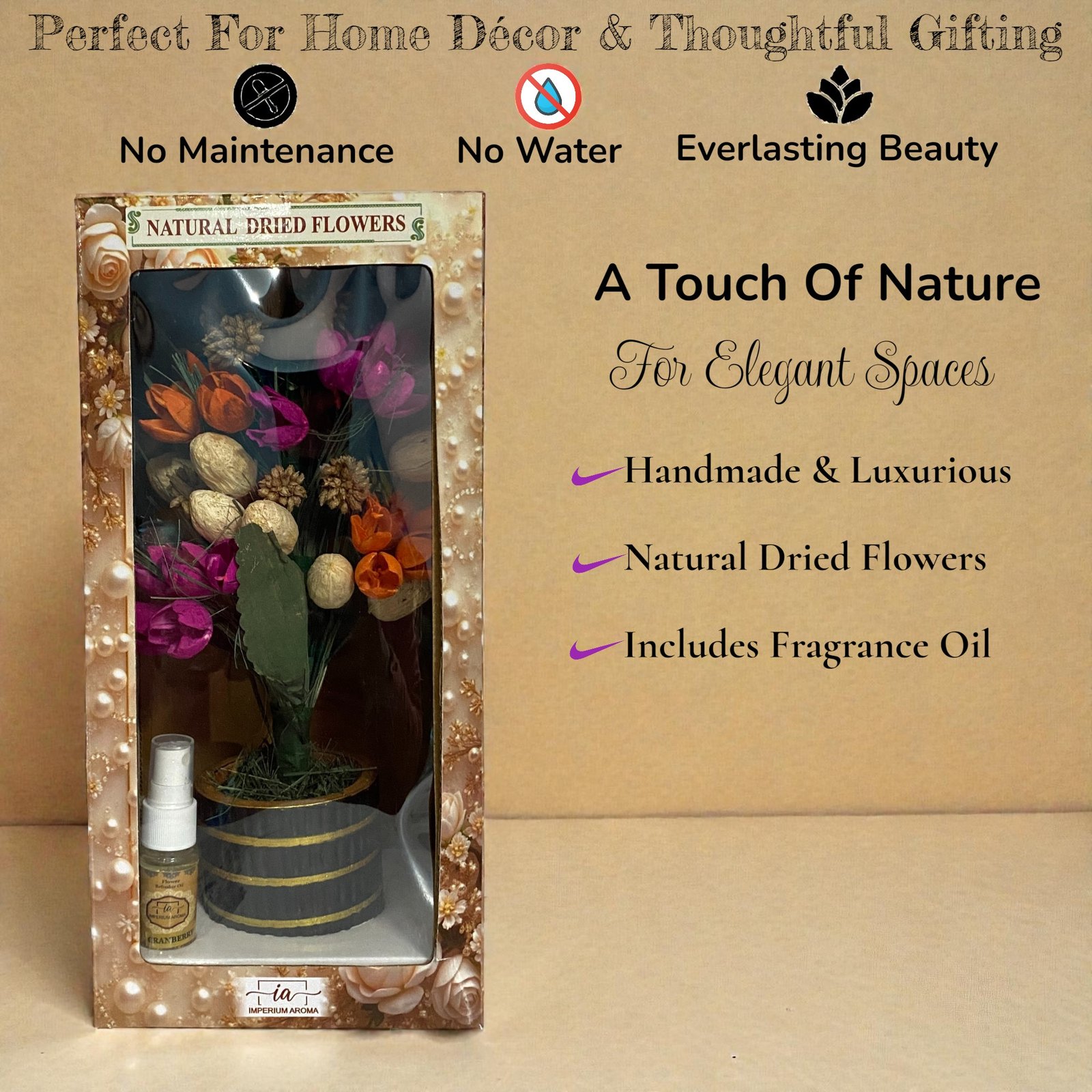 Imperium Aroma Handmade Natural Dried Flower Bouquet with Vase & 15 ml Cranberry Fragrance Spray - Image 6