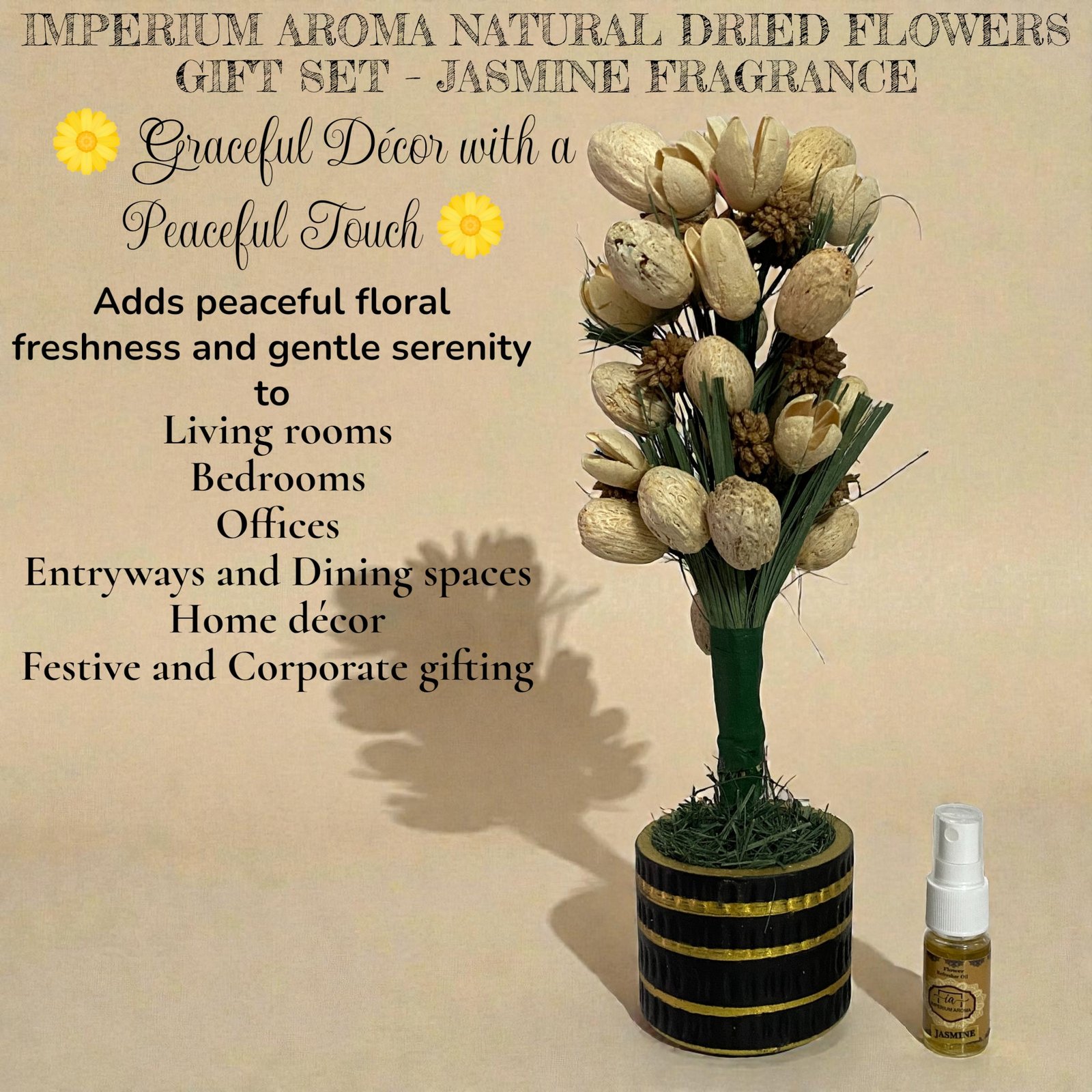 Imperium Aroma Handmade Natural Dried Flower Bouquet with Vase & 15 ml Jasmine Fragrance Spray - Image 3