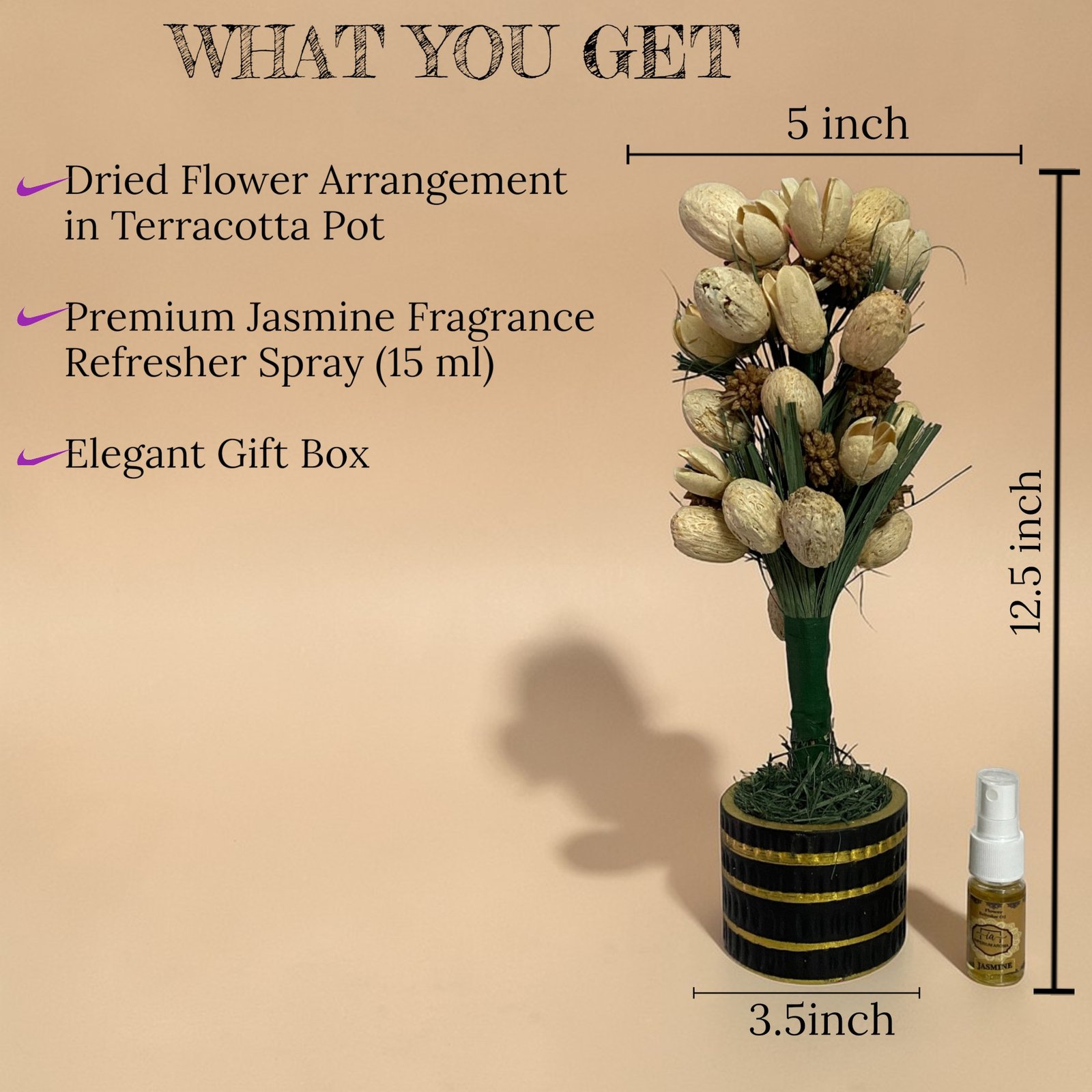 Imperium Aroma Handmade Natural Dried Flower Bouquet with Vase & 15 ml Jasmine Fragrance Spray - Image 2