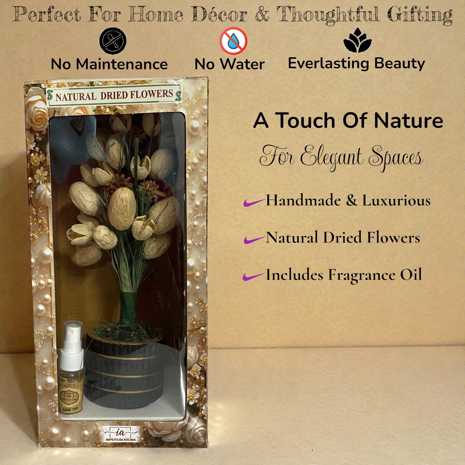 Imperium Aroma Handmade Natural Dried Flower Bouquet with Vase & 15 ml Jasmine Fragrance Spray - Image 6