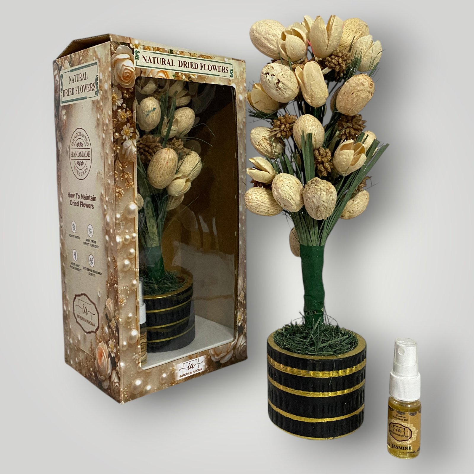 Imperium Aroma Handmade Natural Dried Flower Bouquet with Vase & 15 ml Jasmine Fragrance Spray