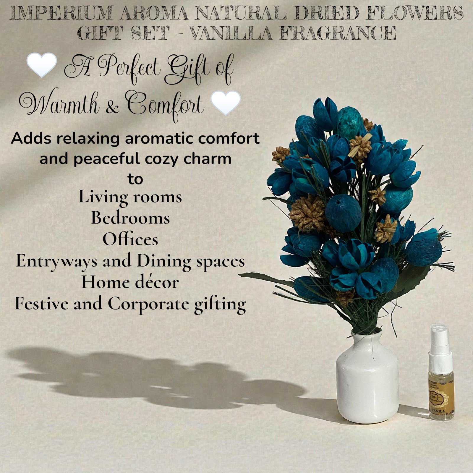 Imperium Aroma Handmade Natural Dried Flower Bouquet with Vase & 15 ml Vanilla Fragrance Spray - Image 3