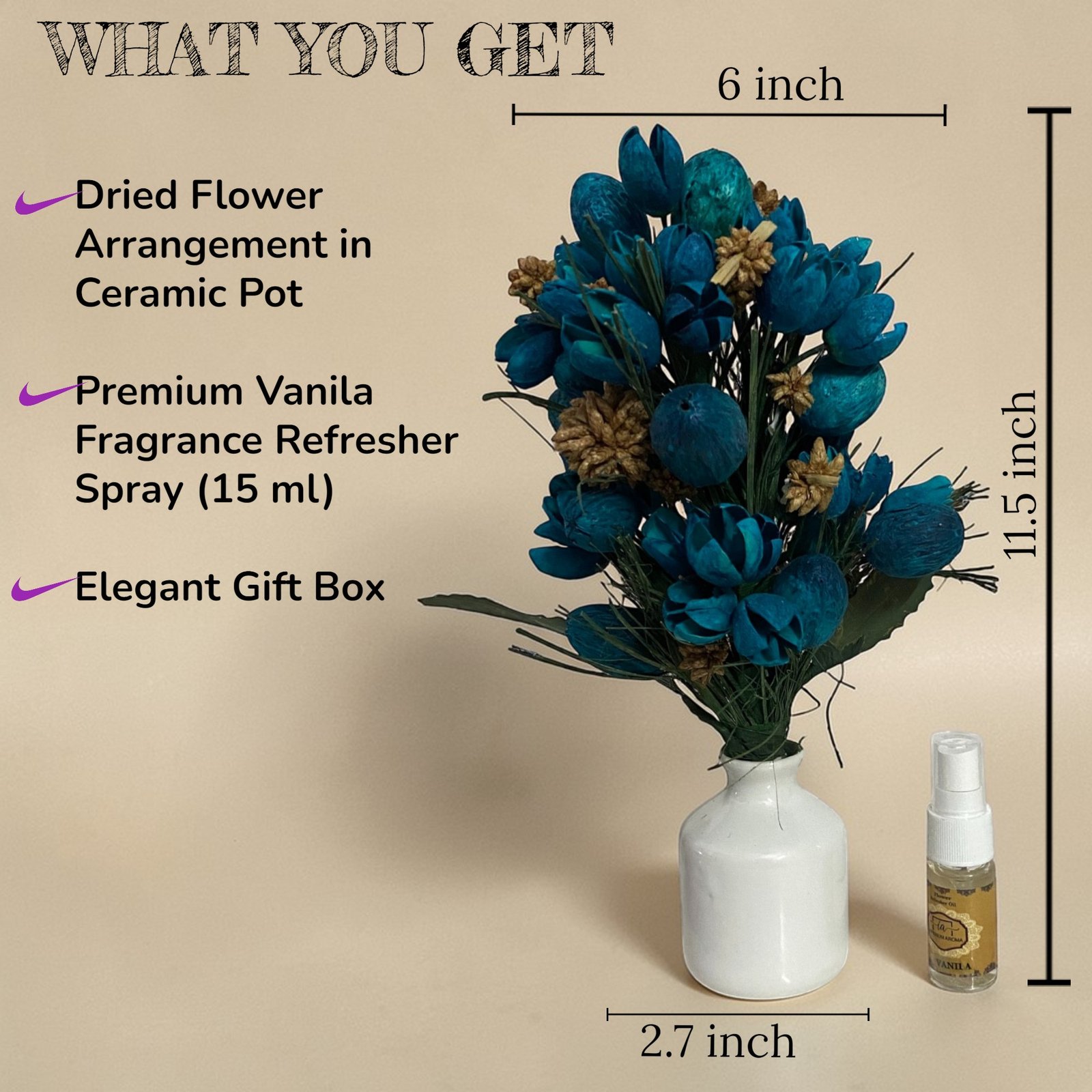 Imperium Aroma Handmade Natural Dried Flower Bouquet with Vase & 15 ml Vanilla Fragrance Spray - Image 2