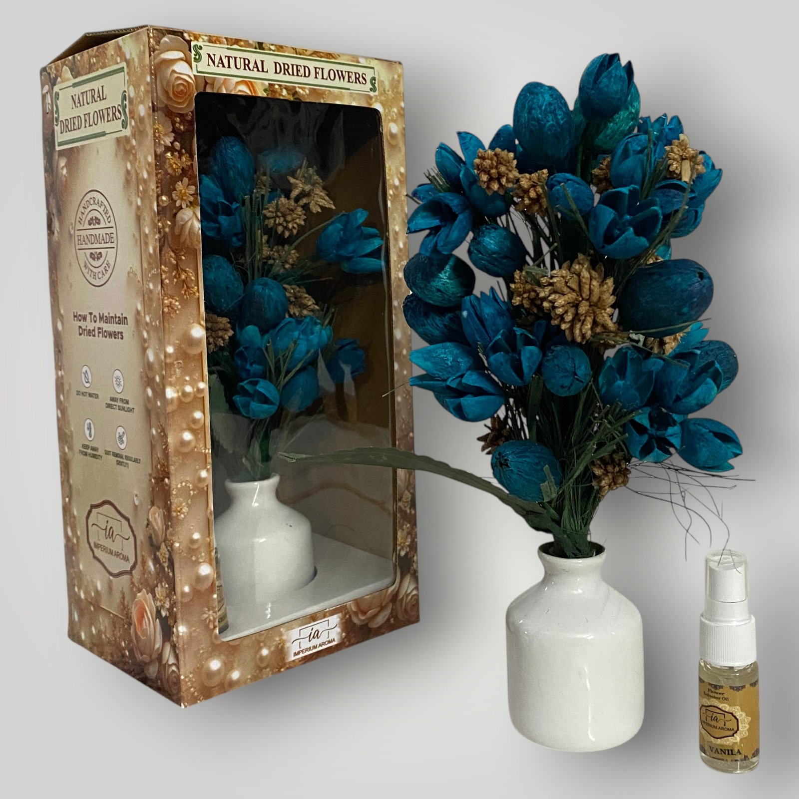 Imperium Aroma Handmade Natural Dried Flower Bouquet with Vase & 15 ml Vanilla Fragrance Spray