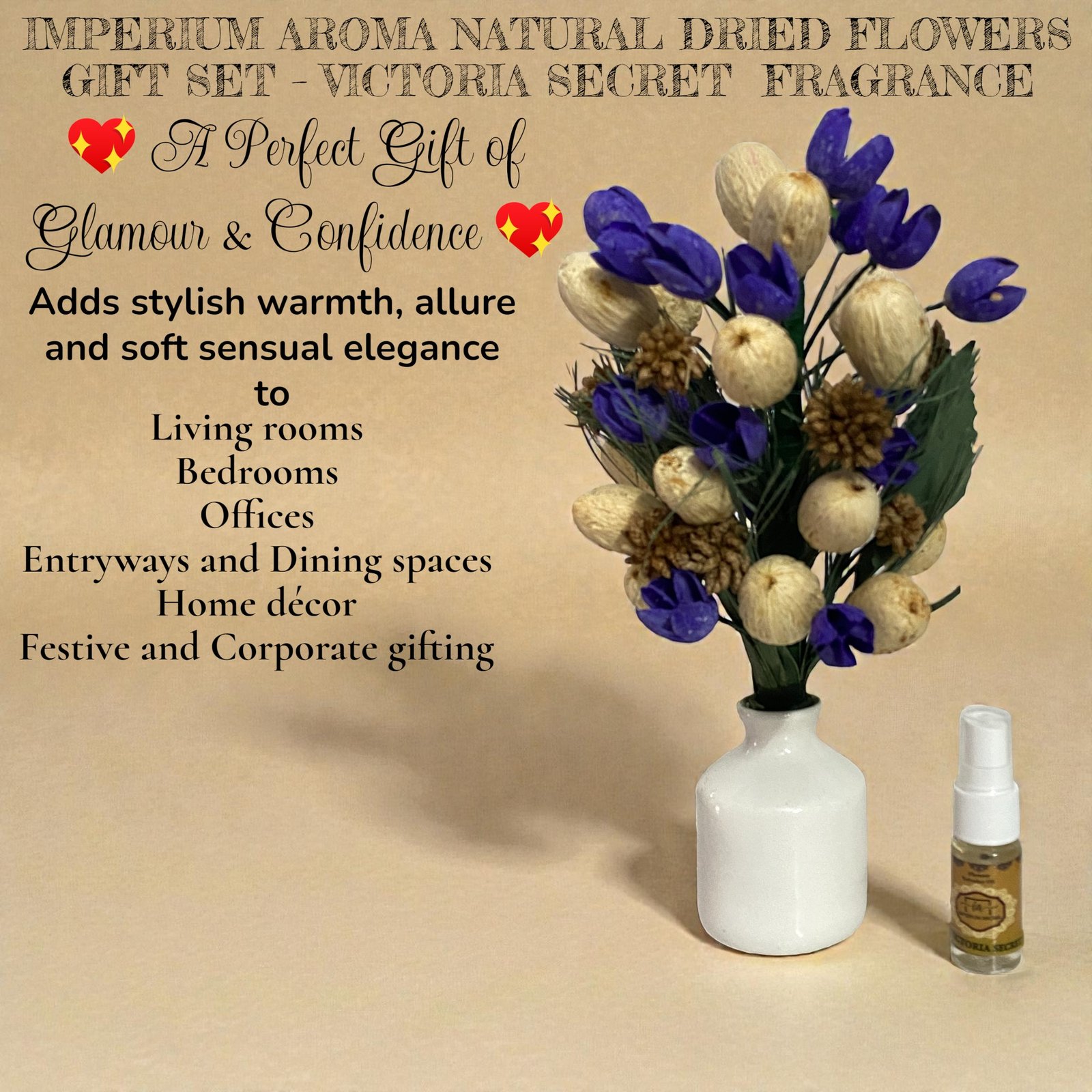 Imperium Aroma Handmade Natural Dried Flower Bouquet with Vase & 15 ml Victoria secret Fragrance Spray - Image 2