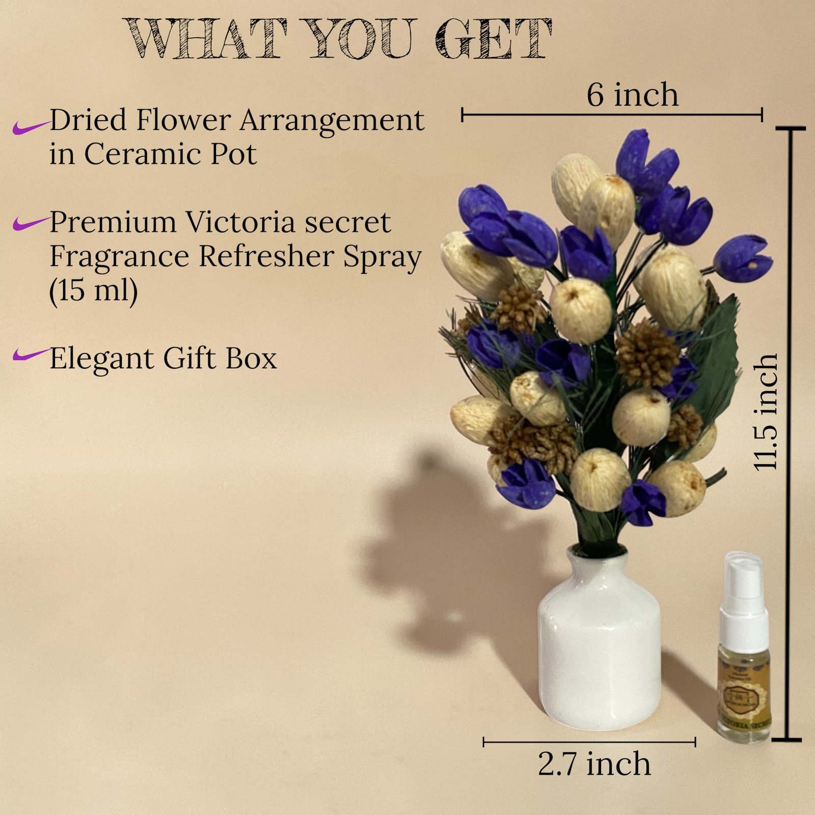 Imperium Aroma Handmade Natural Dried Flower Bouquet with Vase & 15 ml Victoria secret Fragrance Spray - Image 3