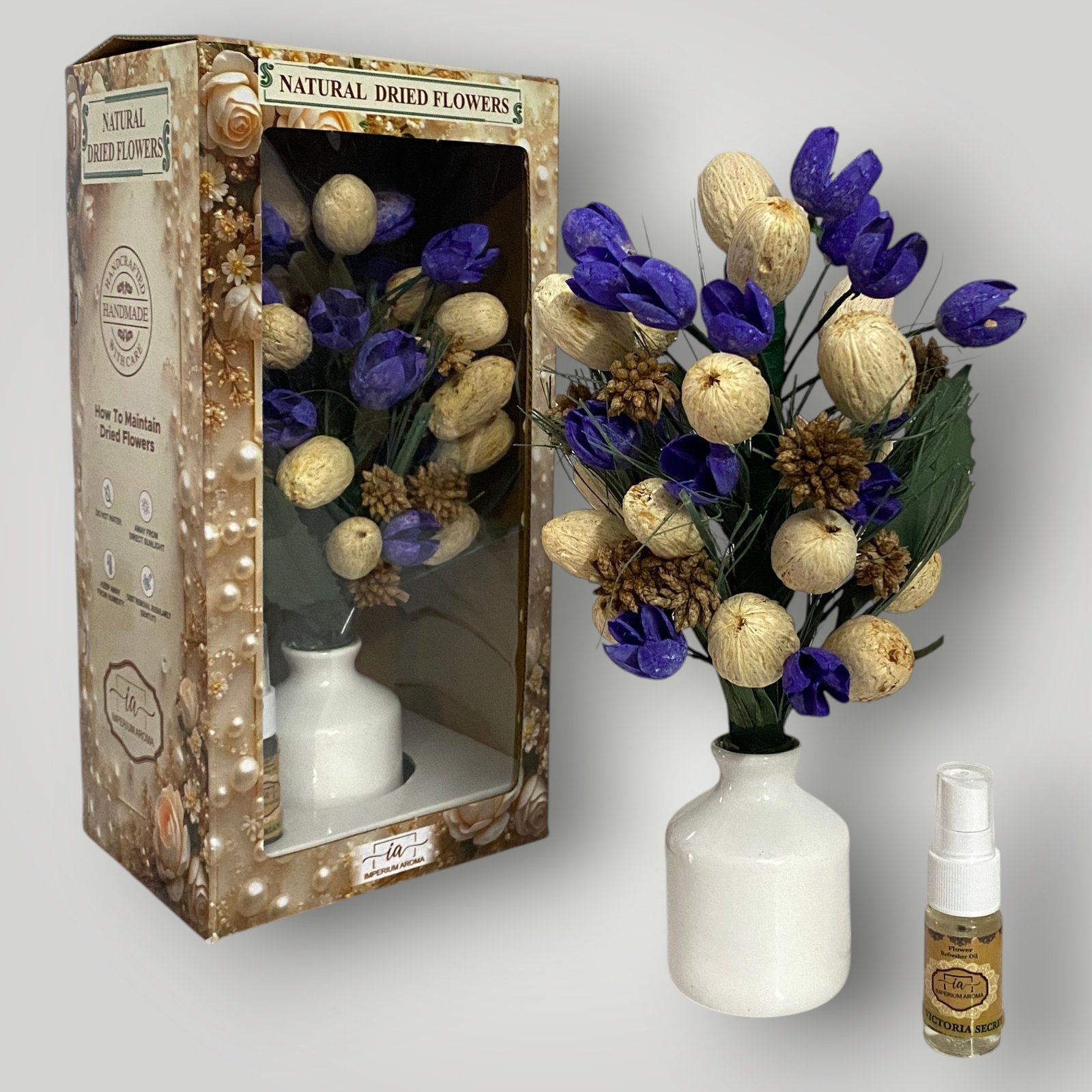 Imperium Aroma Handmade Natural Dried Flower Bouquet with Vase & 15 ml Victoria secret Fragrance Spray